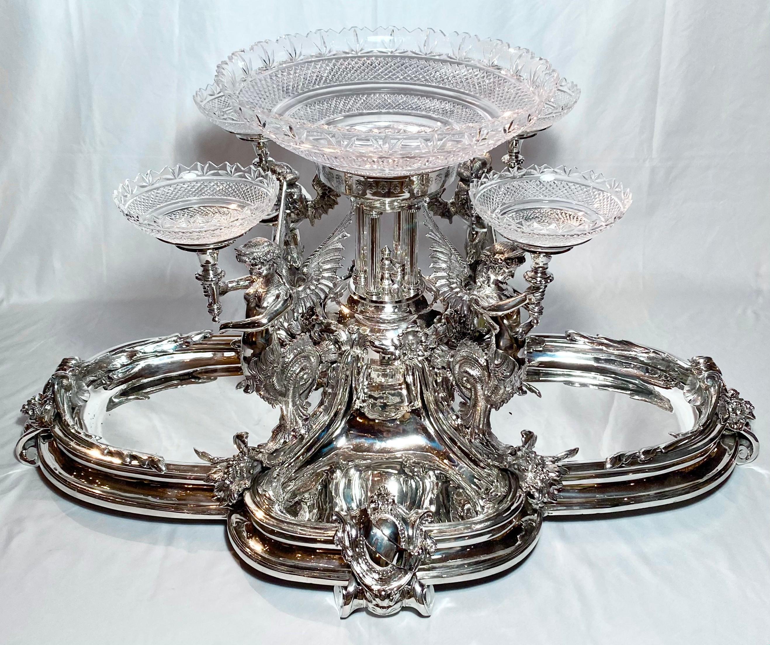 Magnificent antique 19th century French Napoleon III silver-plate and cut crystal epergne centerpiece created and signed by the firm, 