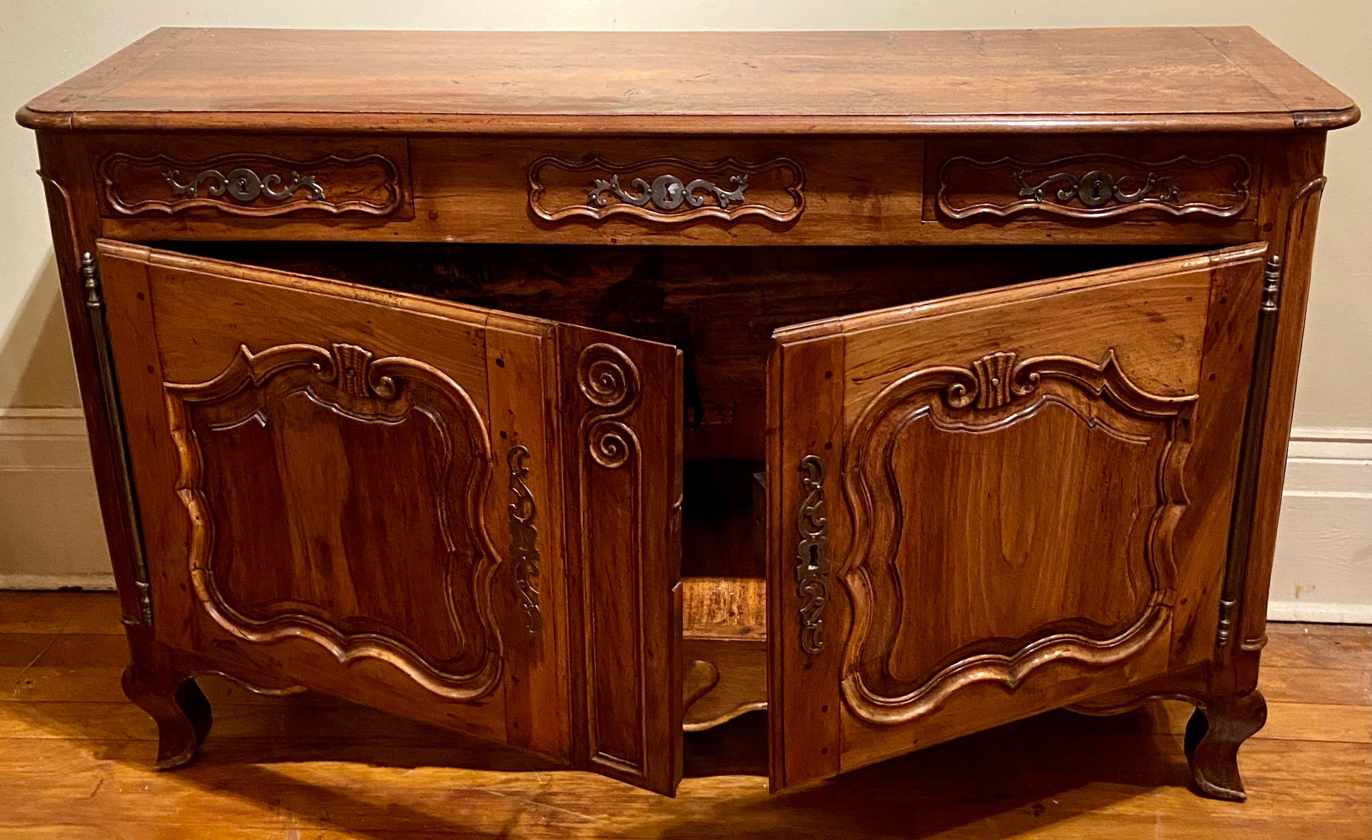 Hand-Carved Antique 19th Century French Country Walnut Buffet, Circa 1840 For Sale