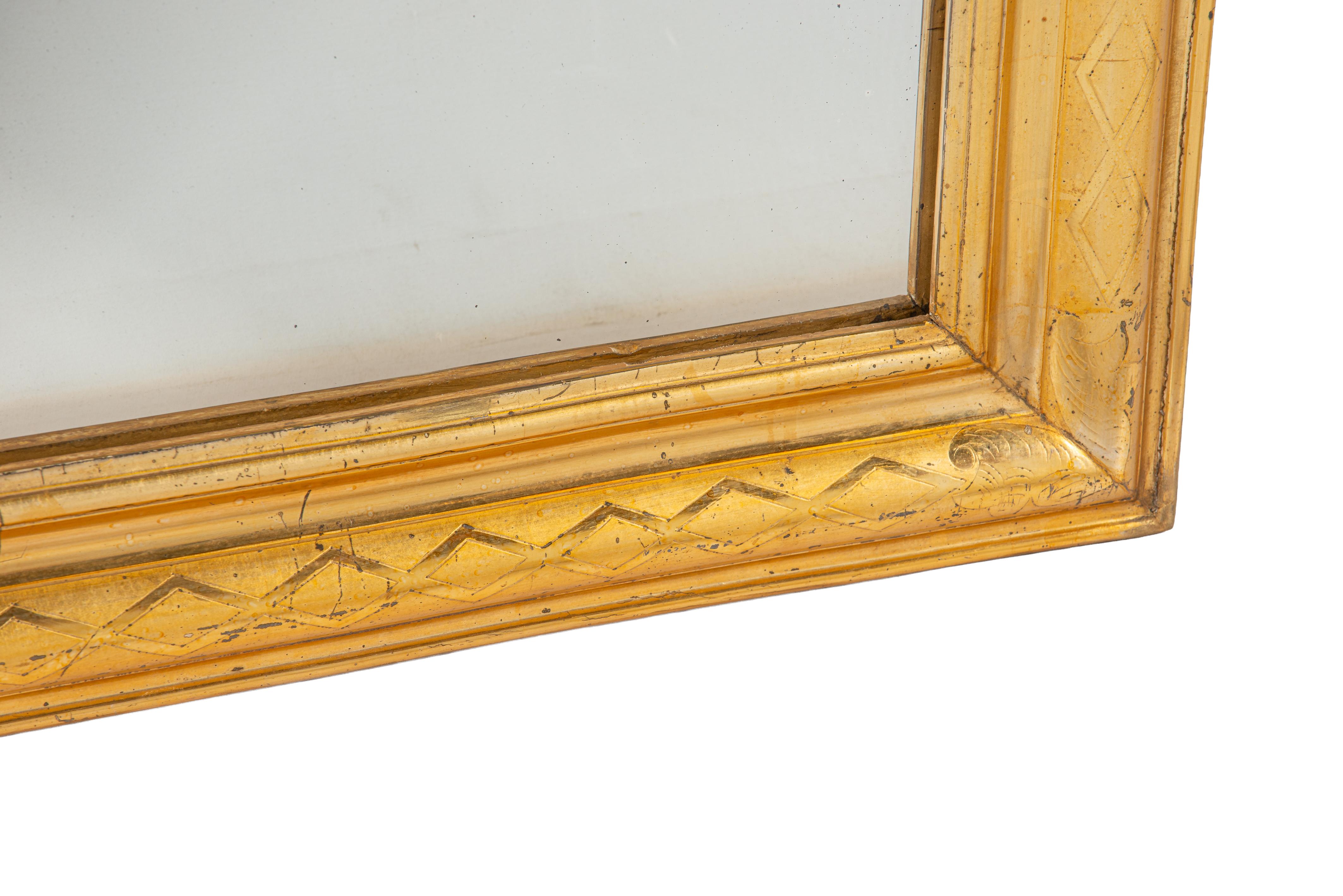 Gilt Antique 19th century French cross engraved Gold leaf gilt Louis Philippe mirror For Sale