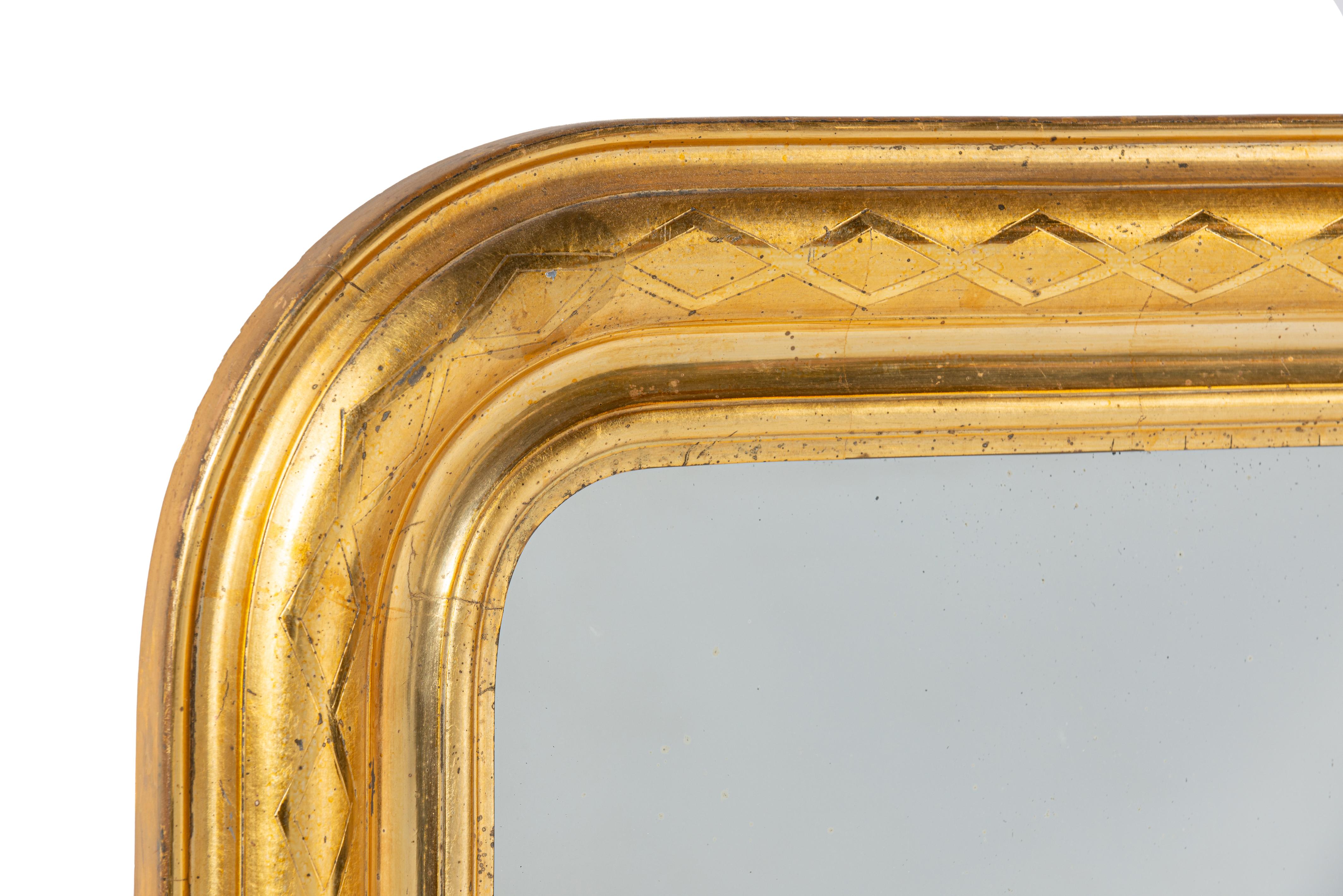 Gesso Antique 19th century French cross engraved Gold leaf gilt Louis Philippe mirror For Sale