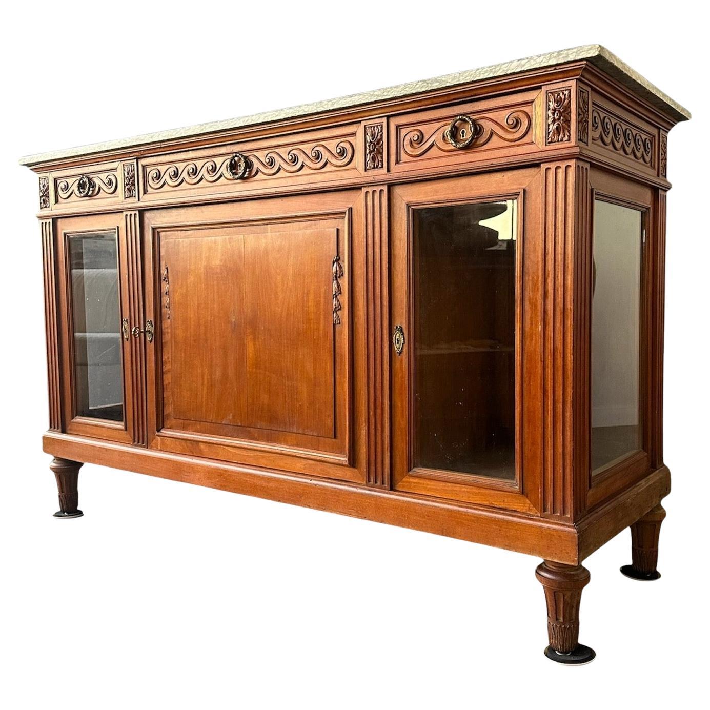 Antique 19th Century French Directoire Style Marble Top Cherrywood Aparador en venta