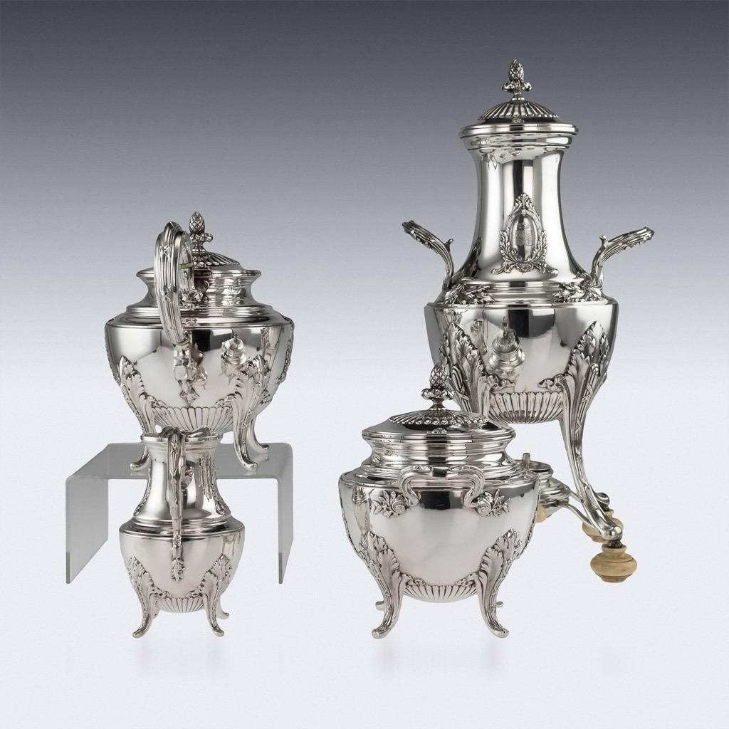 Description
Antique late 19th century French Empire style exceptional solid silver four piece tea service, consisting of a hot water urn, teapot, lidded sugar bowl and cream jug, all on four spreading scroll feet, the body applied with acanthus