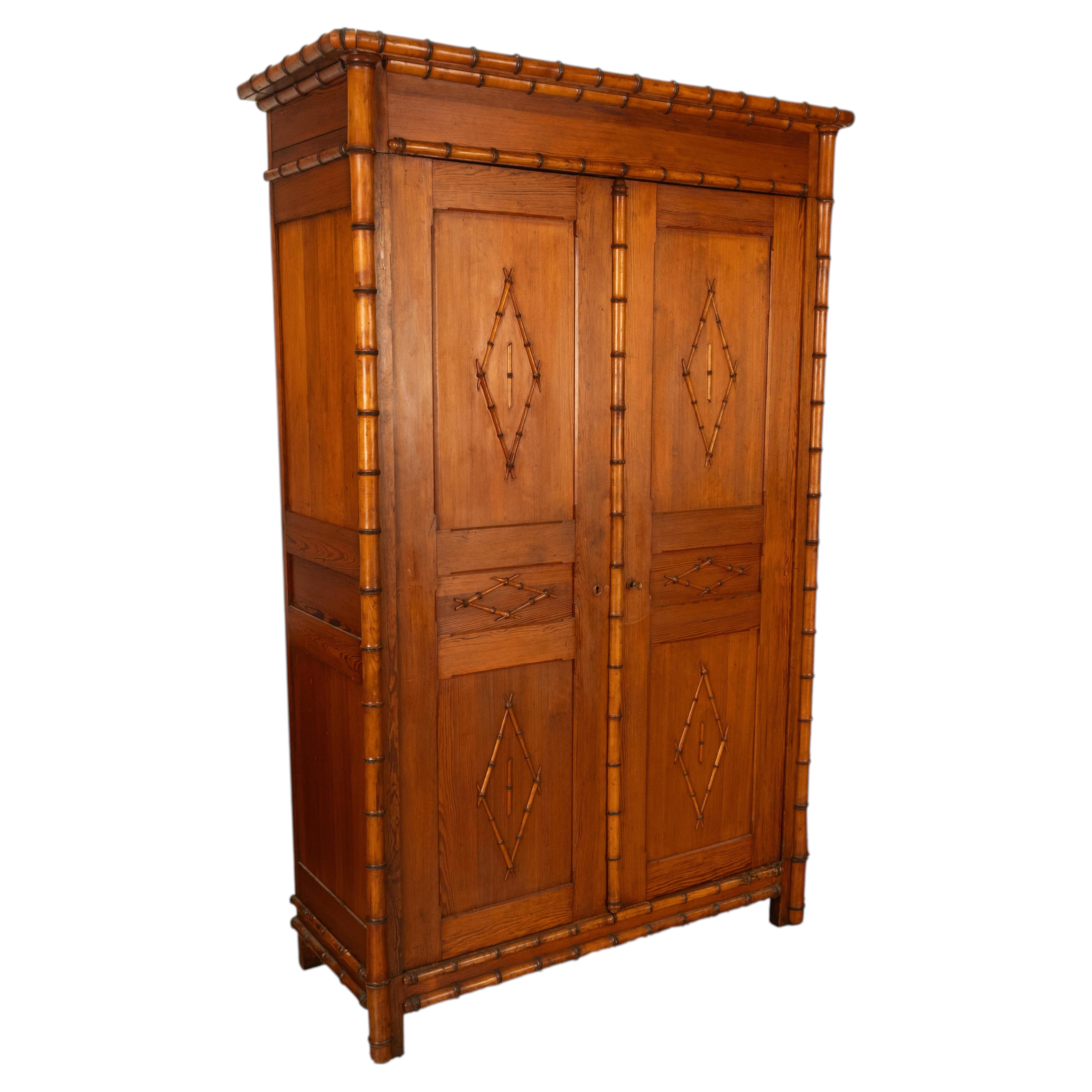 Antique 19th Century French Faux Bamboo Pine Armoire Wardrobe Cupboard 1880