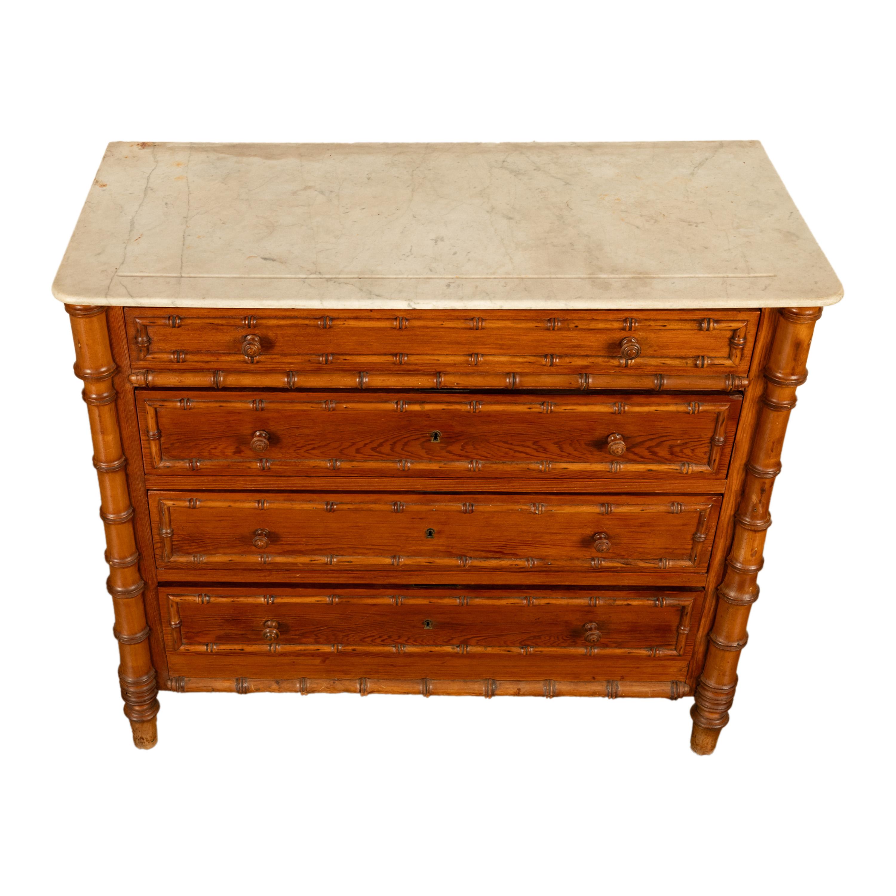 Antique 19th Century French Faux Bamboo Pine White Marble Chest Drawers Commode 5