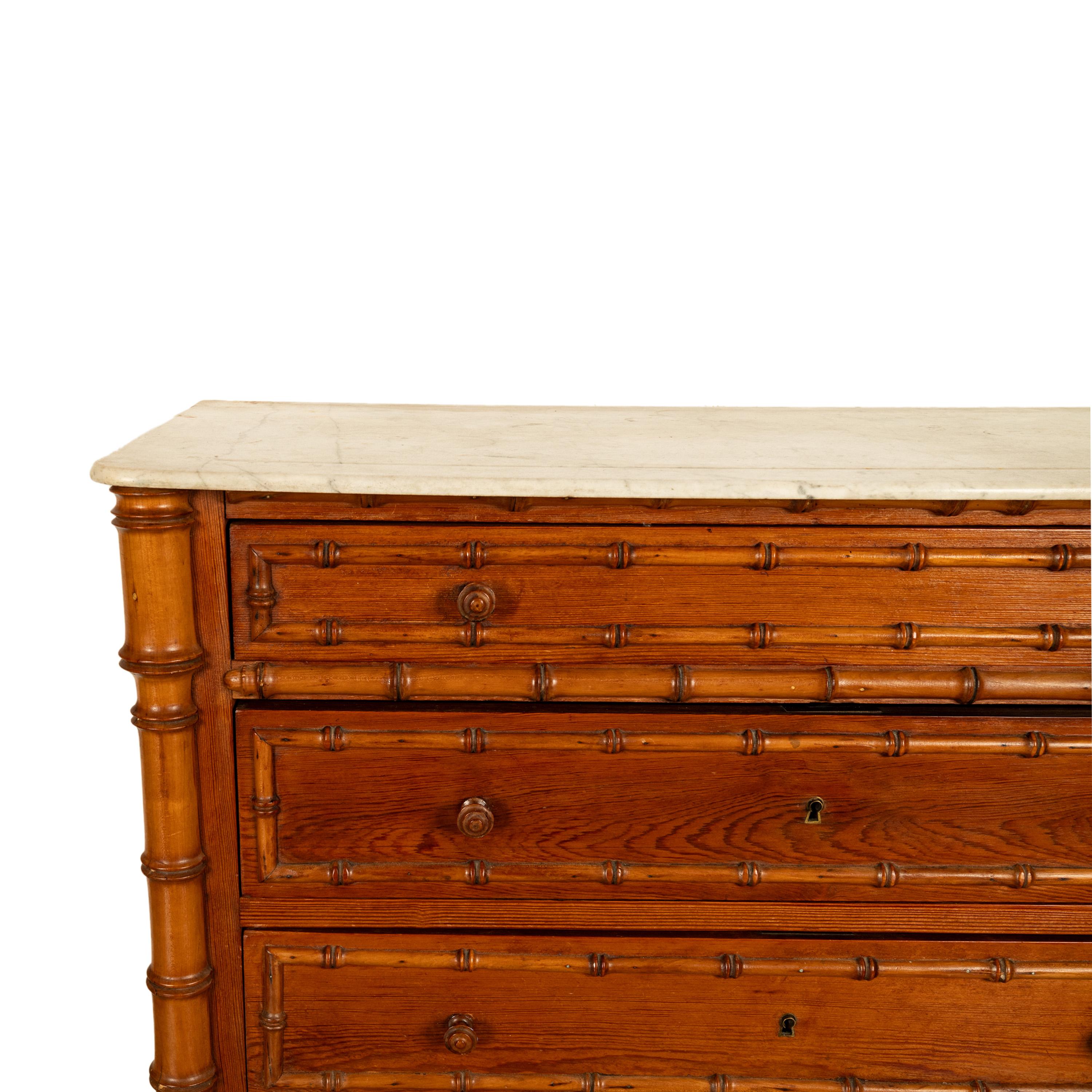 Antique 19th Century French Faux Bamboo Pine White Marble Chest Drawers Commode 6