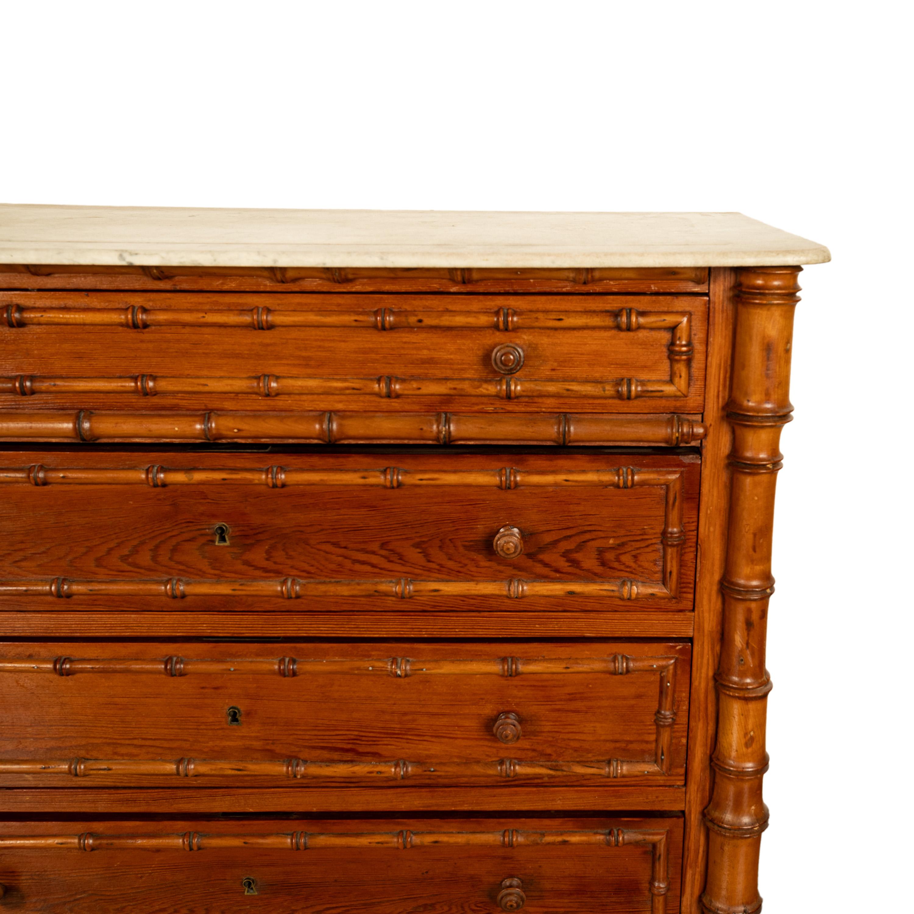 Antique 19th Century French Faux Bamboo Pine White Marble Chest Drawers Commode 7