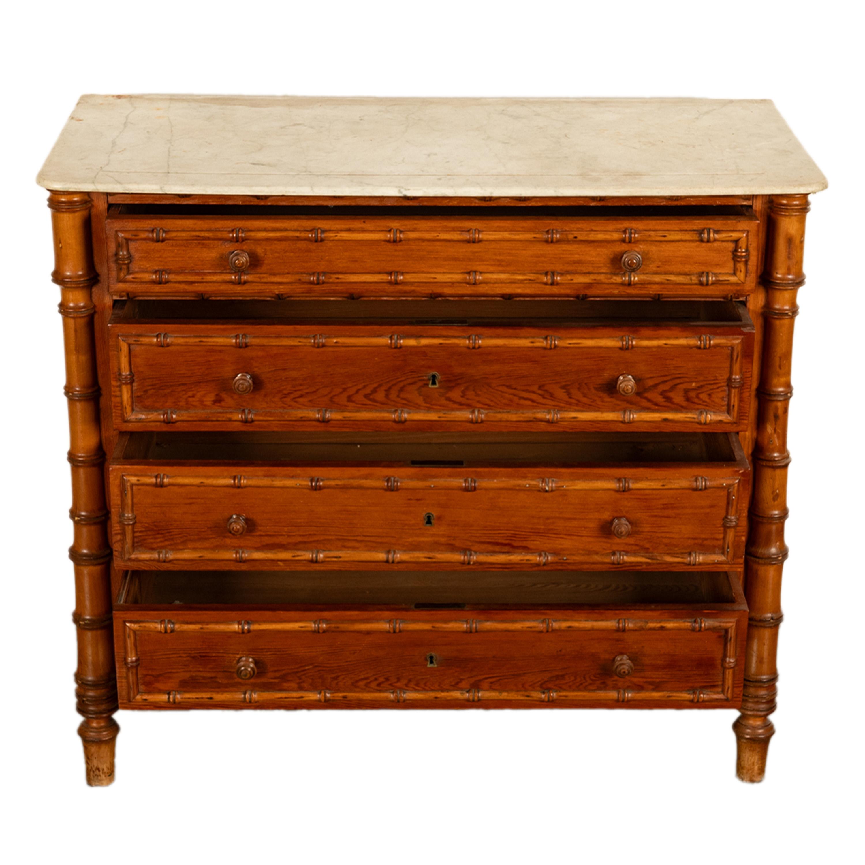 Carrara Marble Antique 19th Century French Faux Bamboo Pine White Marble Chest Drawers Commode
