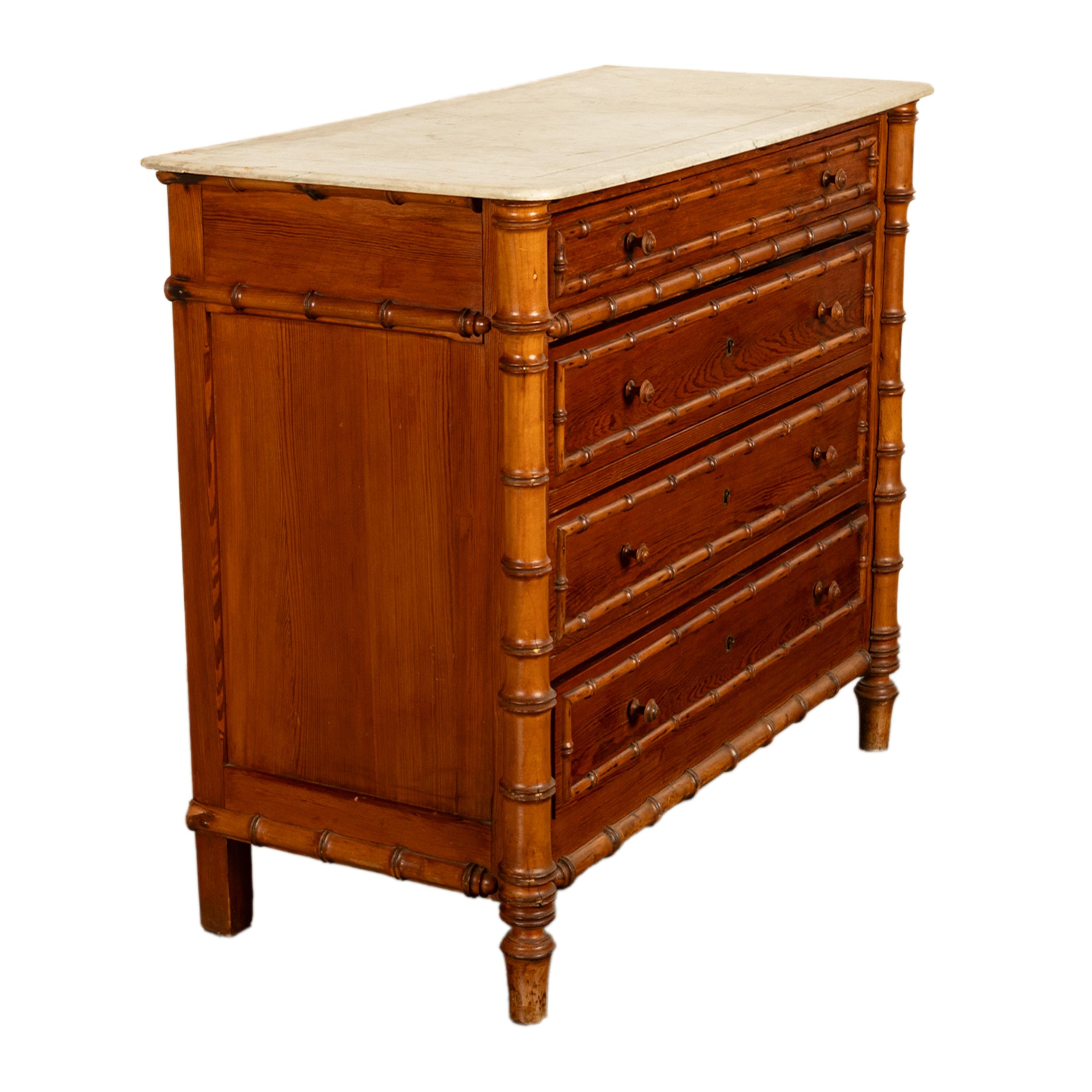 Antique 19th Century French Faux Bamboo Pine White Marble Chest Drawers Commode 2