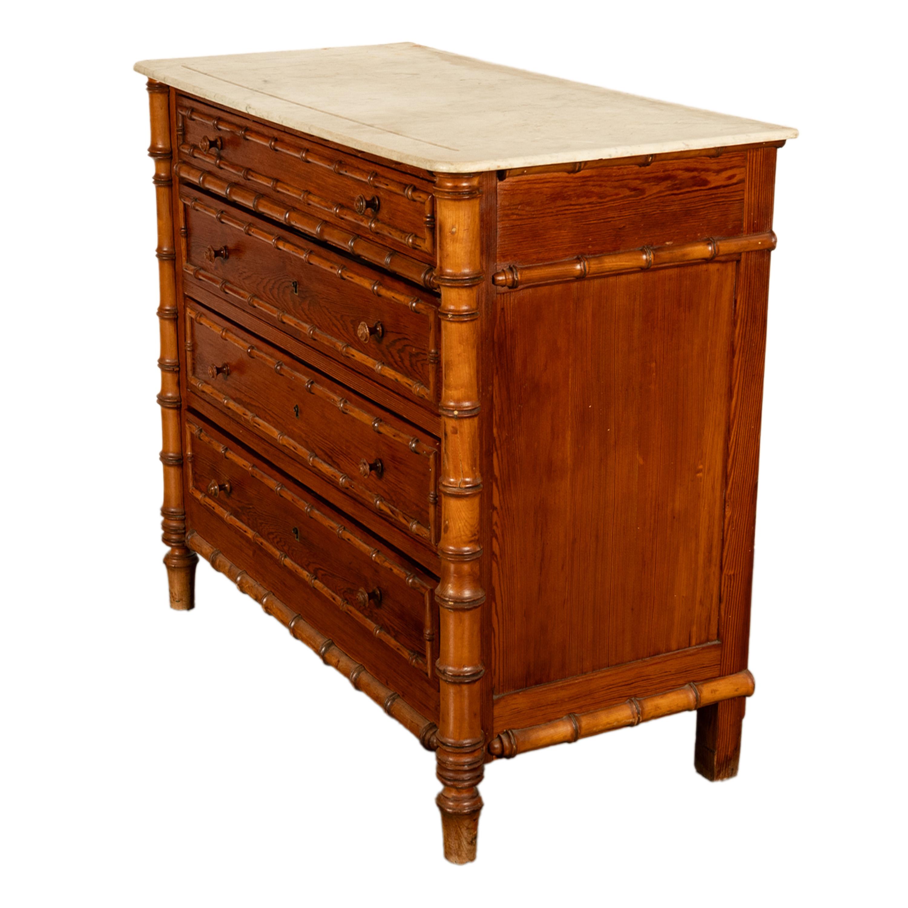 Antique 19th Century French Faux Bamboo Pine White Marble Chest Drawers Commode 3