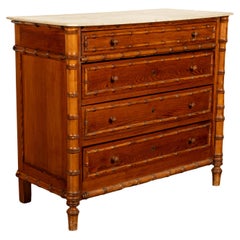Antique 19th Century French Faux Bamboo Pine White Marble Chest Drawers Commode