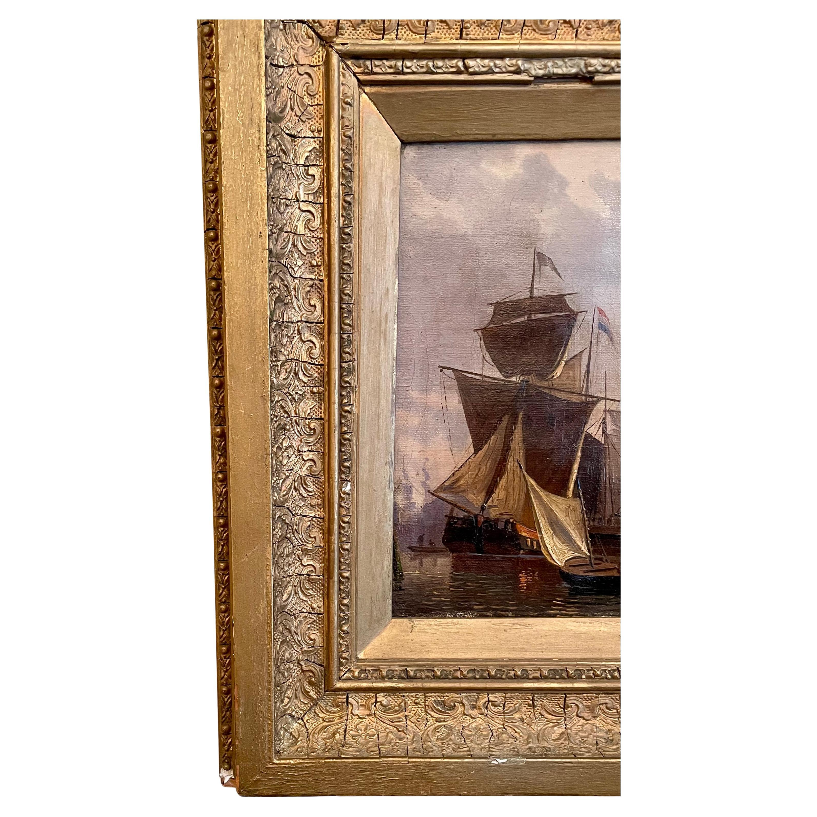 Antique 19th Century French Framed Oil on Canvas Painting of Ships at Port.
Painting is not signed but written on back of the frame's stretcher is 