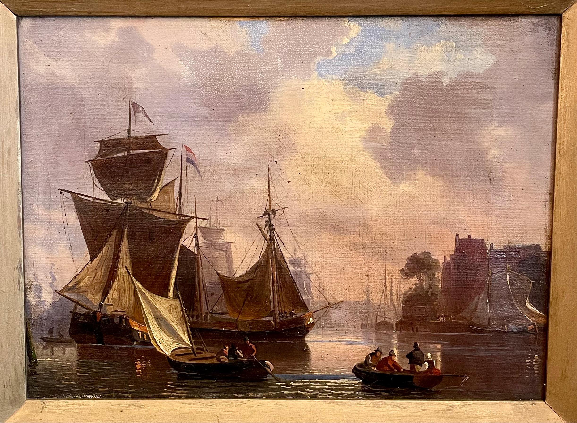 Antique 19th Century French Framed Oil on Canvas Painting of Ships at Port. In Good Condition For Sale In New Orleans, LA