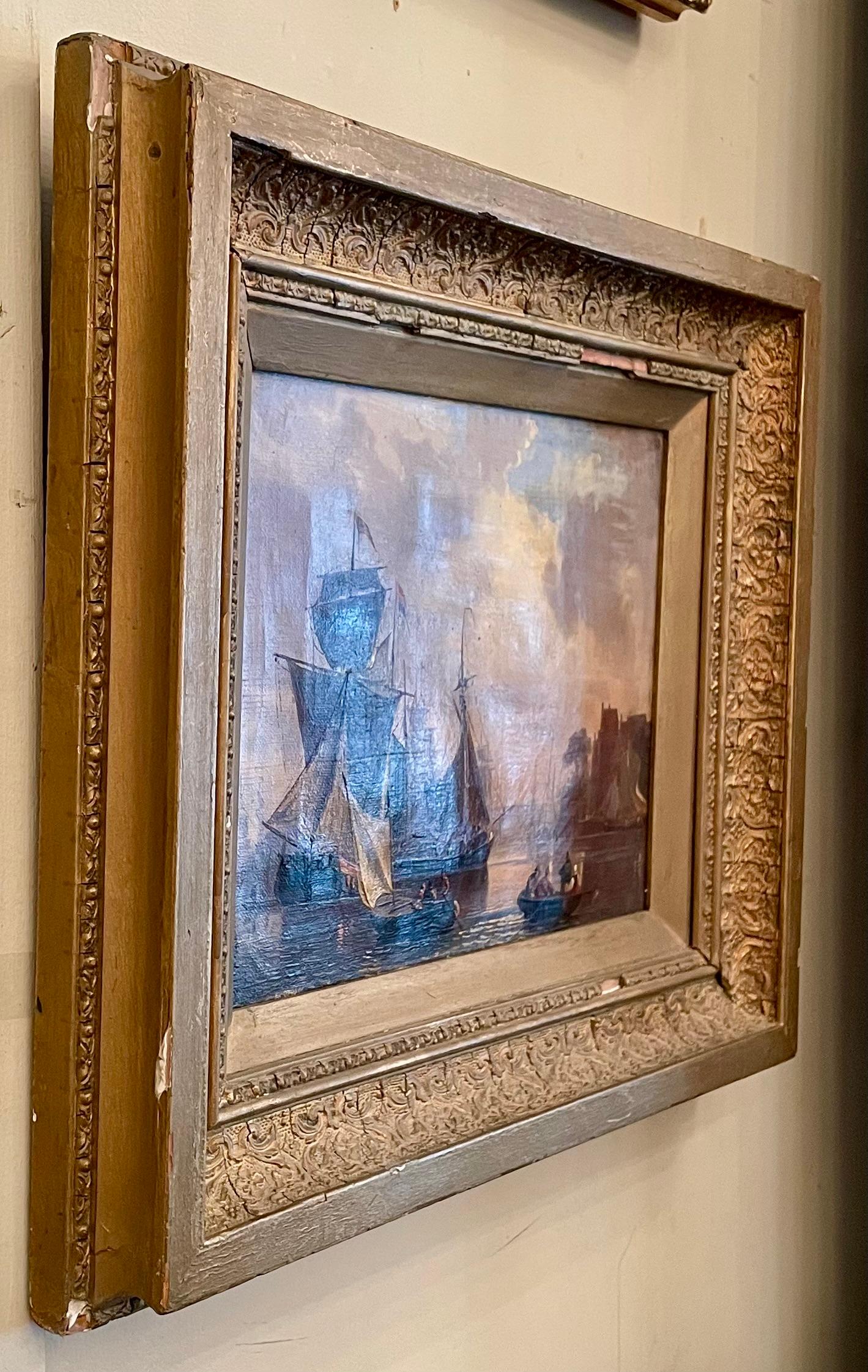 Antique 19th Century French Framed Oil on Canvas Painting of Ships at Port. For Sale 1