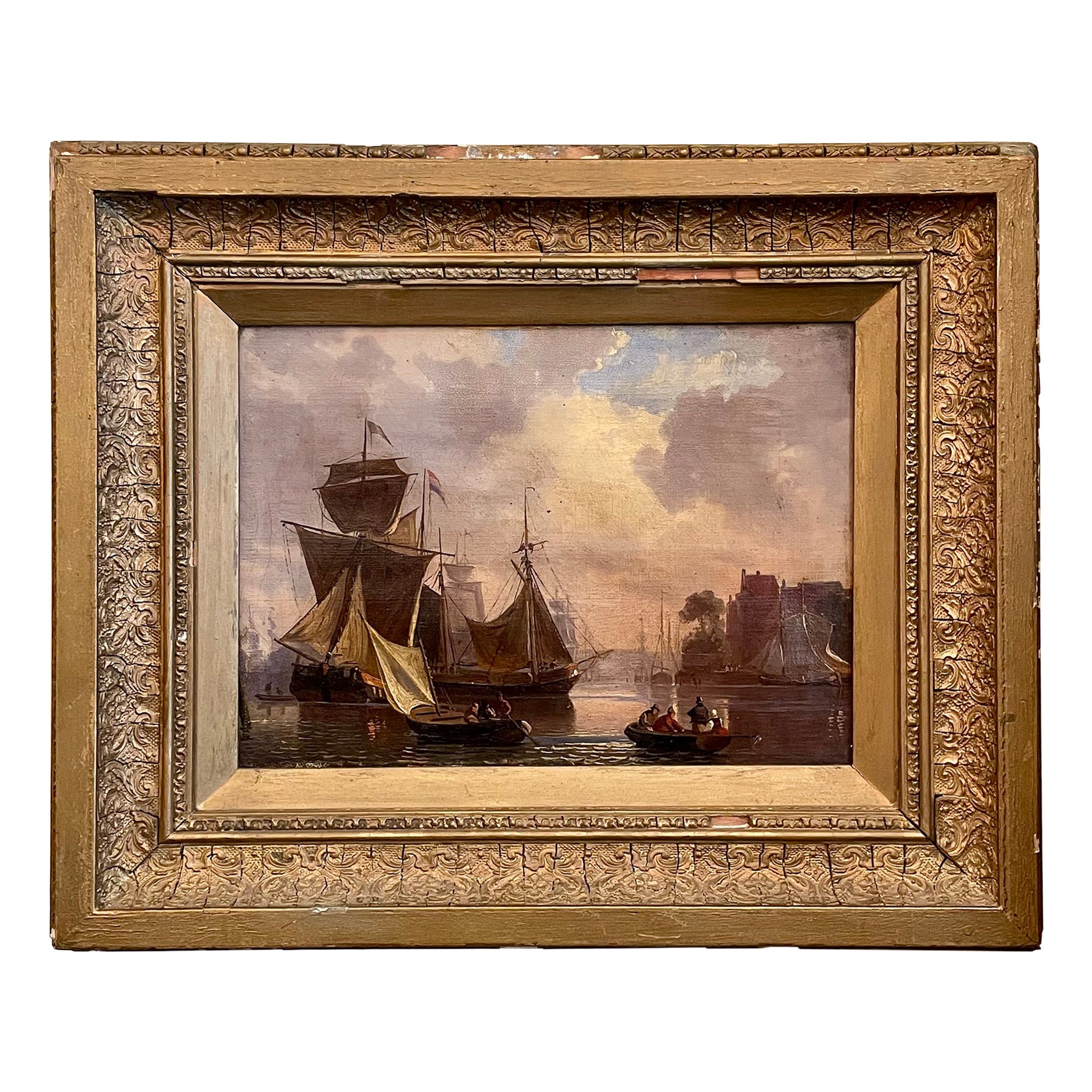 Antique 19th Century French Framed Óleo sobre lienzo Pintura de barcos en el puerto.