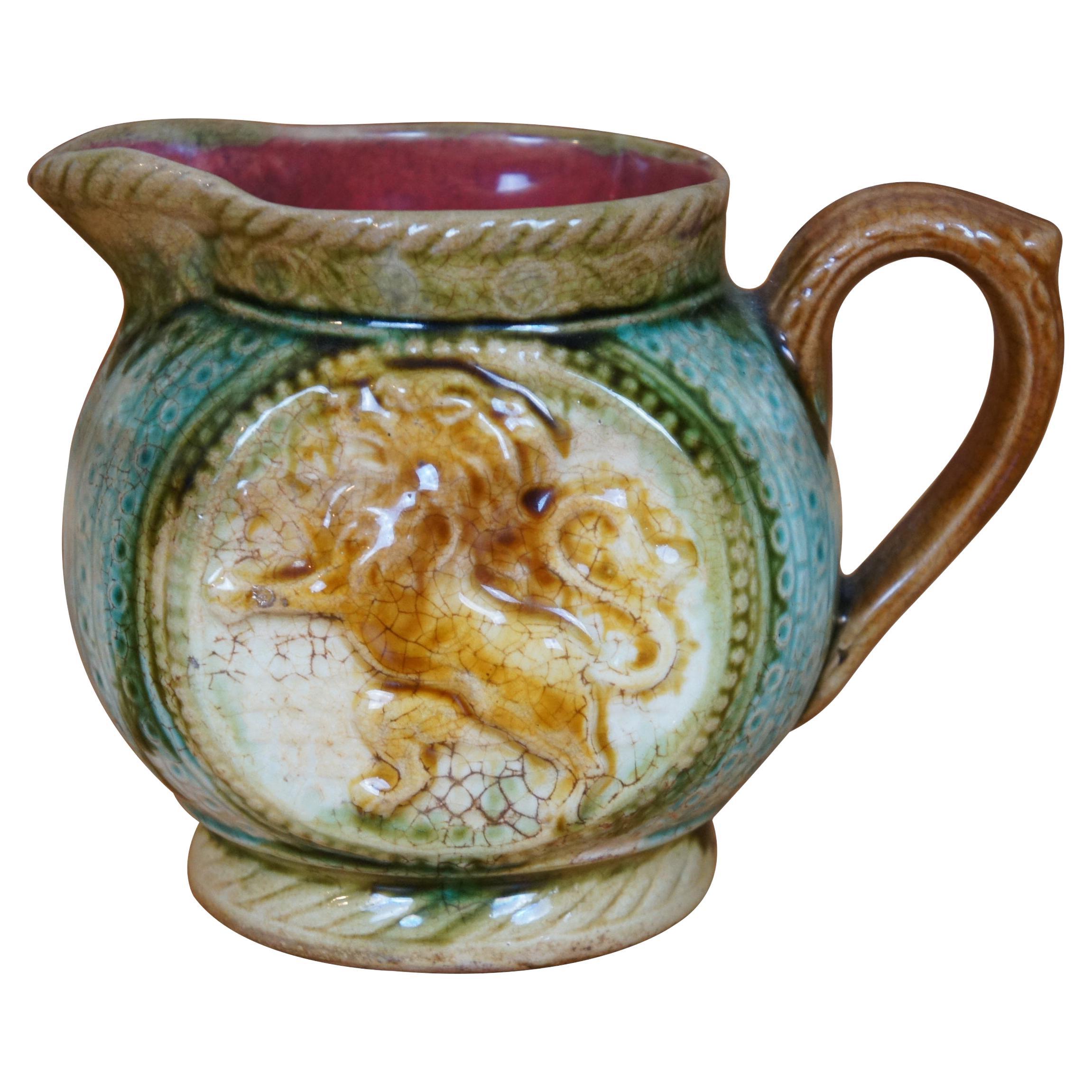 Antique 19th Century French Frie Onnaing Majolica 753 Lion Pitcher Jug 6"