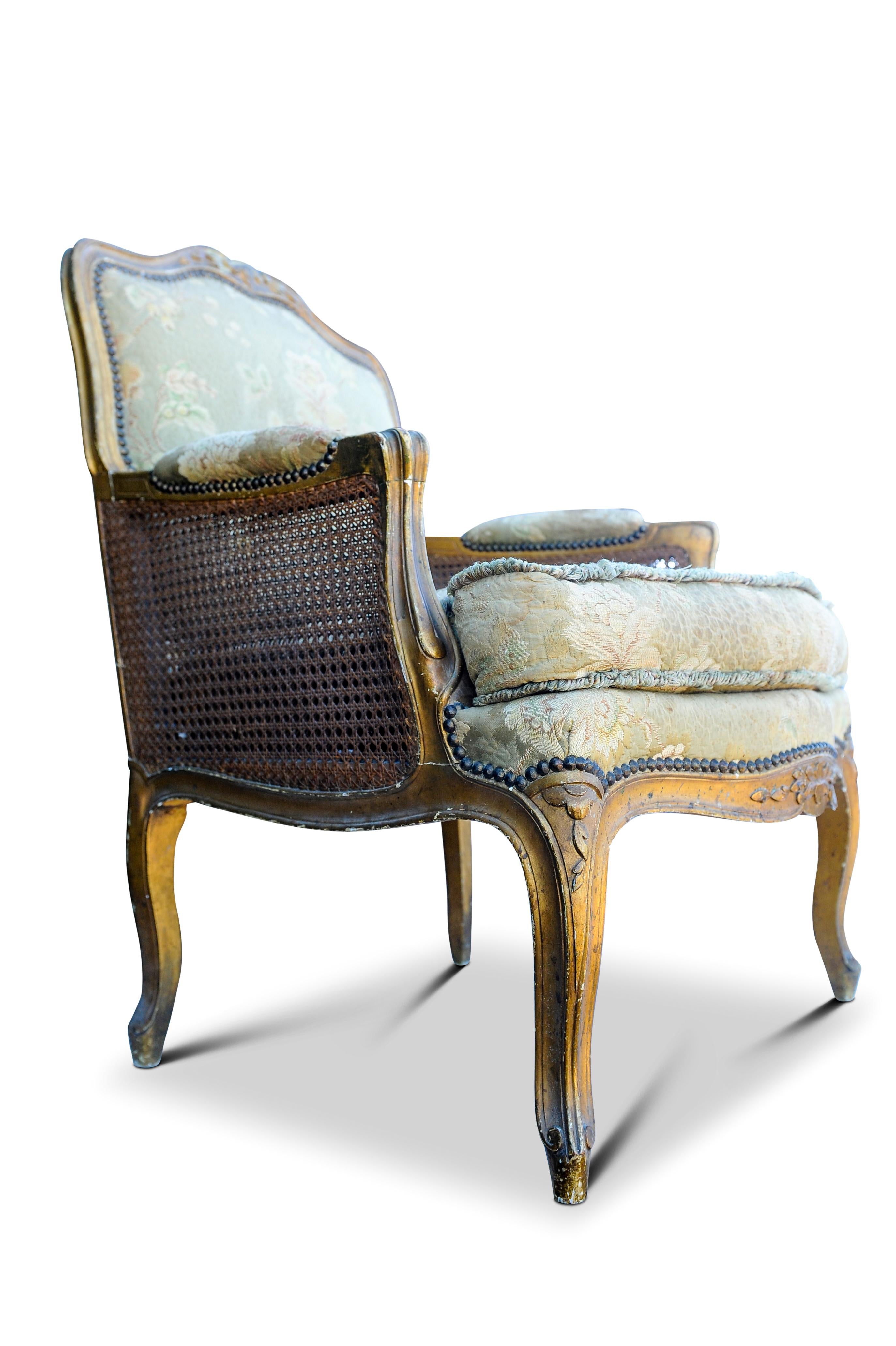 Louis XV Antique 19th Century French Gilded Bergere Armchair with Stud Detailing For Sale