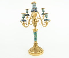 Antique 19th Century French Gilded Bronze and Cloisonne Pair of Candelabra