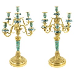 Antique 19th Century French Gilded Bronze and Cloisonne Pair of Candelabra 