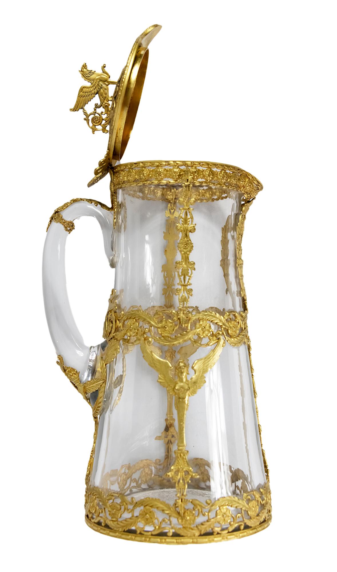 Antique 19th Century French Gilded Bronze and Glass Jug / Pitcher 1
