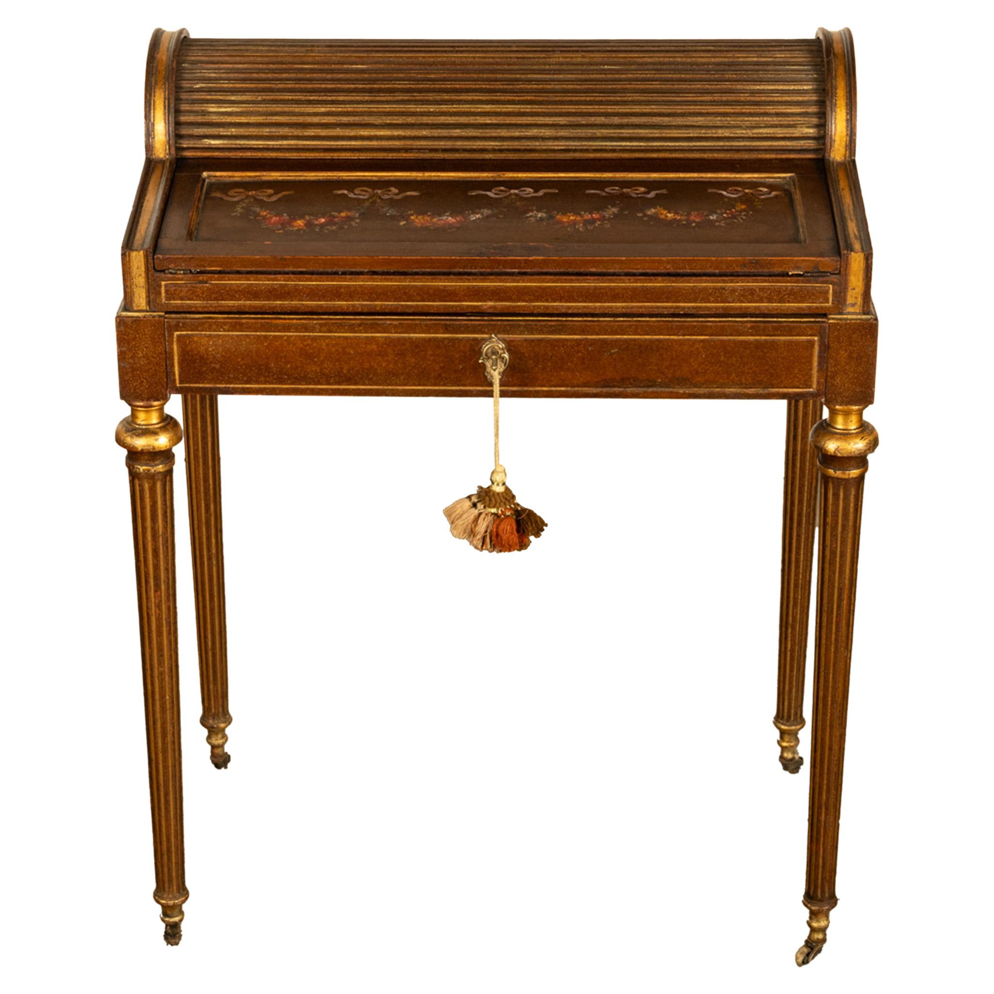 A fine late 19th century antique French painted & gilded mechanical Cylinder desk, by Paul Sormani, circa 1875.
This very elegant antique cylinder desk by one of the preeminent French cabinet makers of the late 19th century. The desk having a