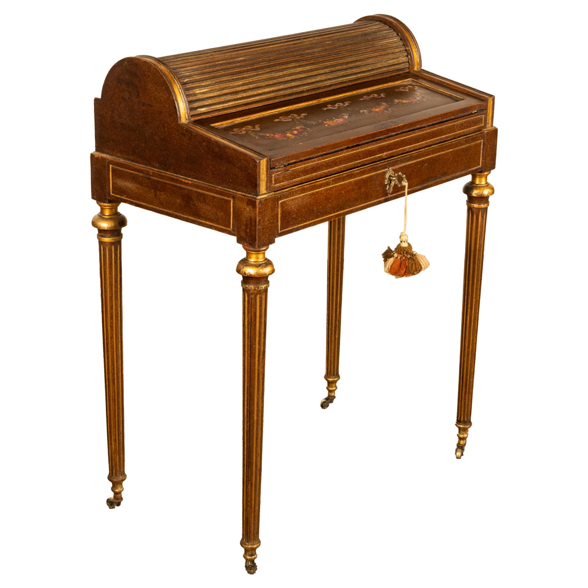 Louis XV Antique 19th Century French Gilded & Painted Cylinder Desk by Paul Sormani 1875 For Sale