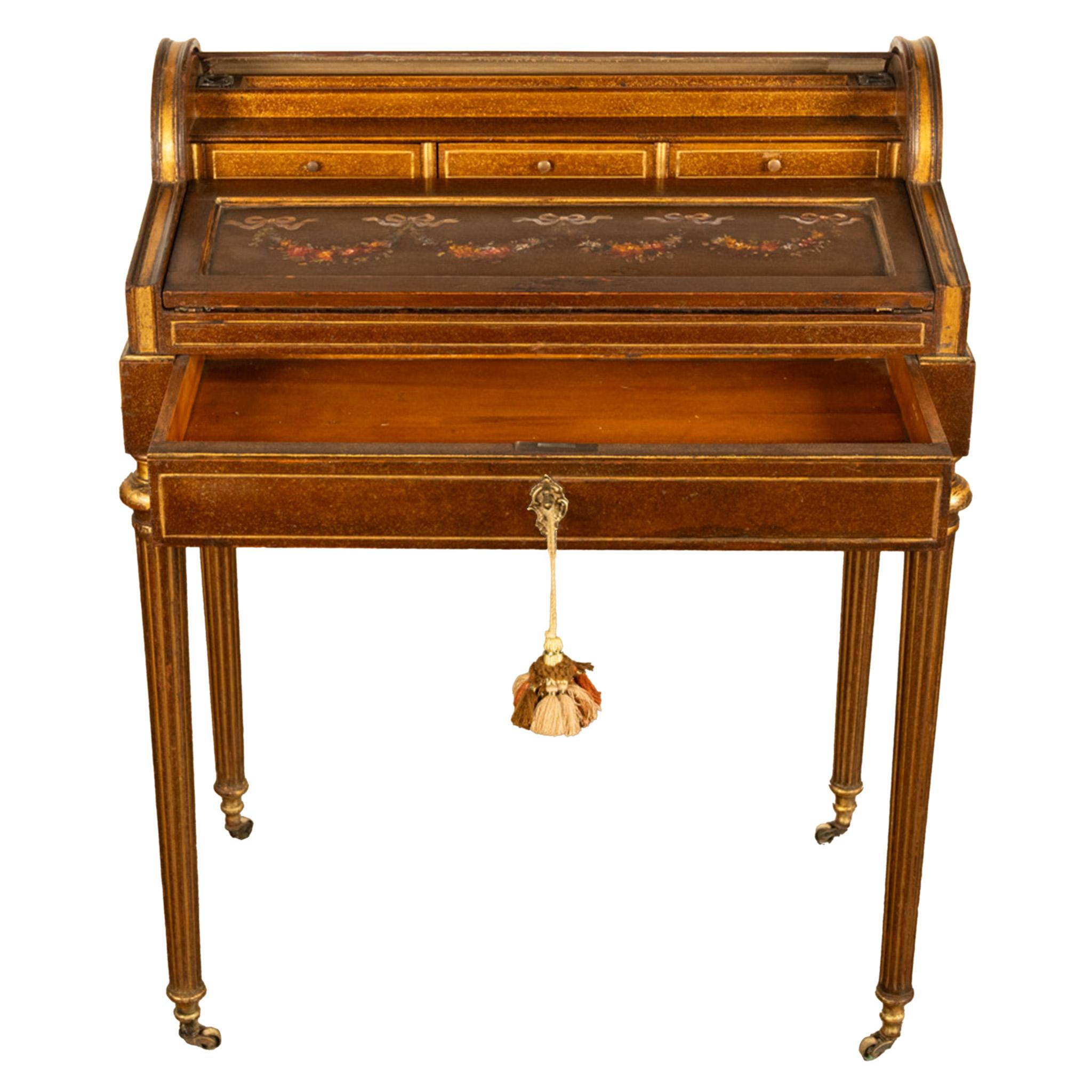 Late 19th Century Antique 19th Century French Gilded & Painted Cylinder Desk by Paul Sormani 1875 For Sale