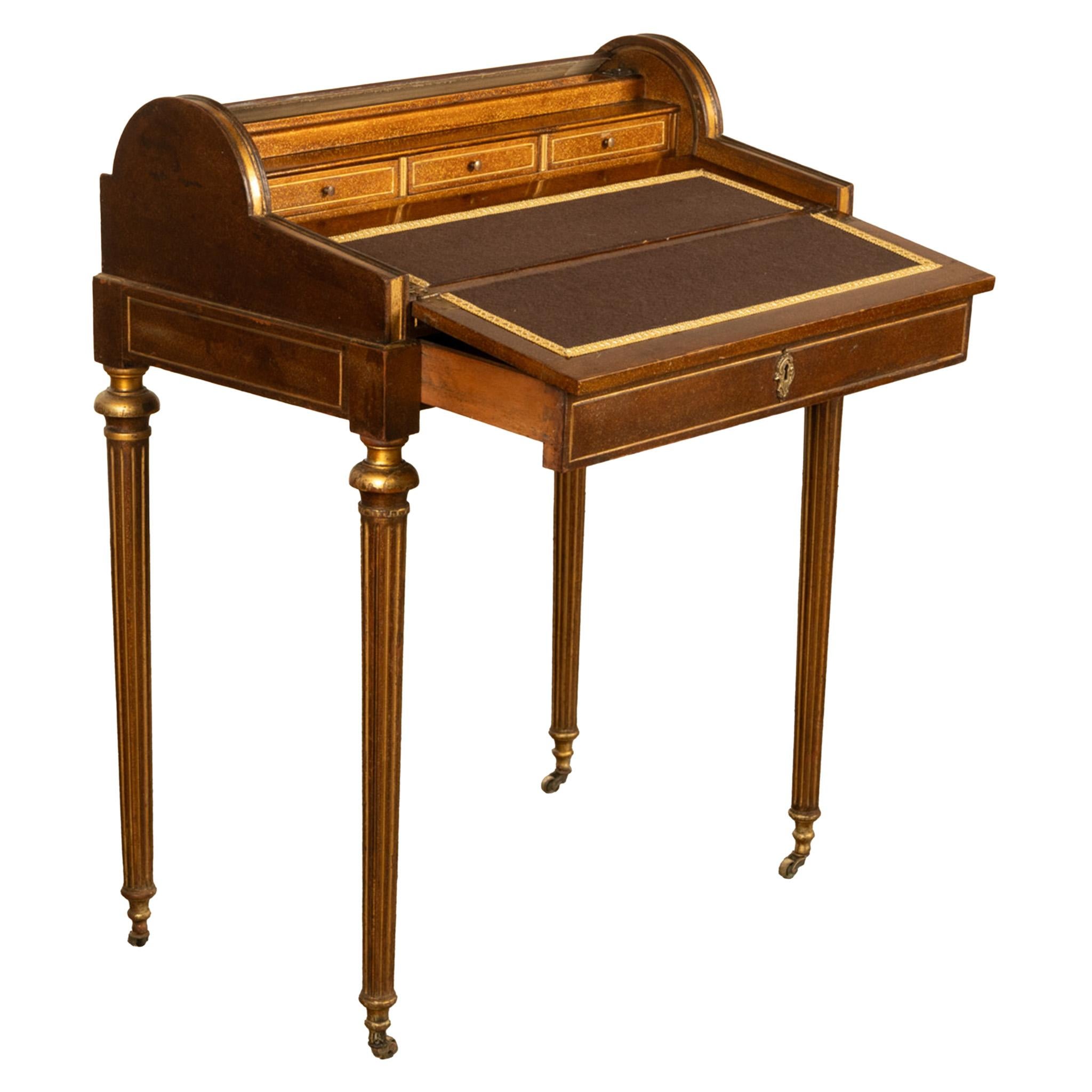 Gold Leaf Antique 19th Century French Gilded & Painted Cylinder Desk by Paul Sormani 1875 For Sale