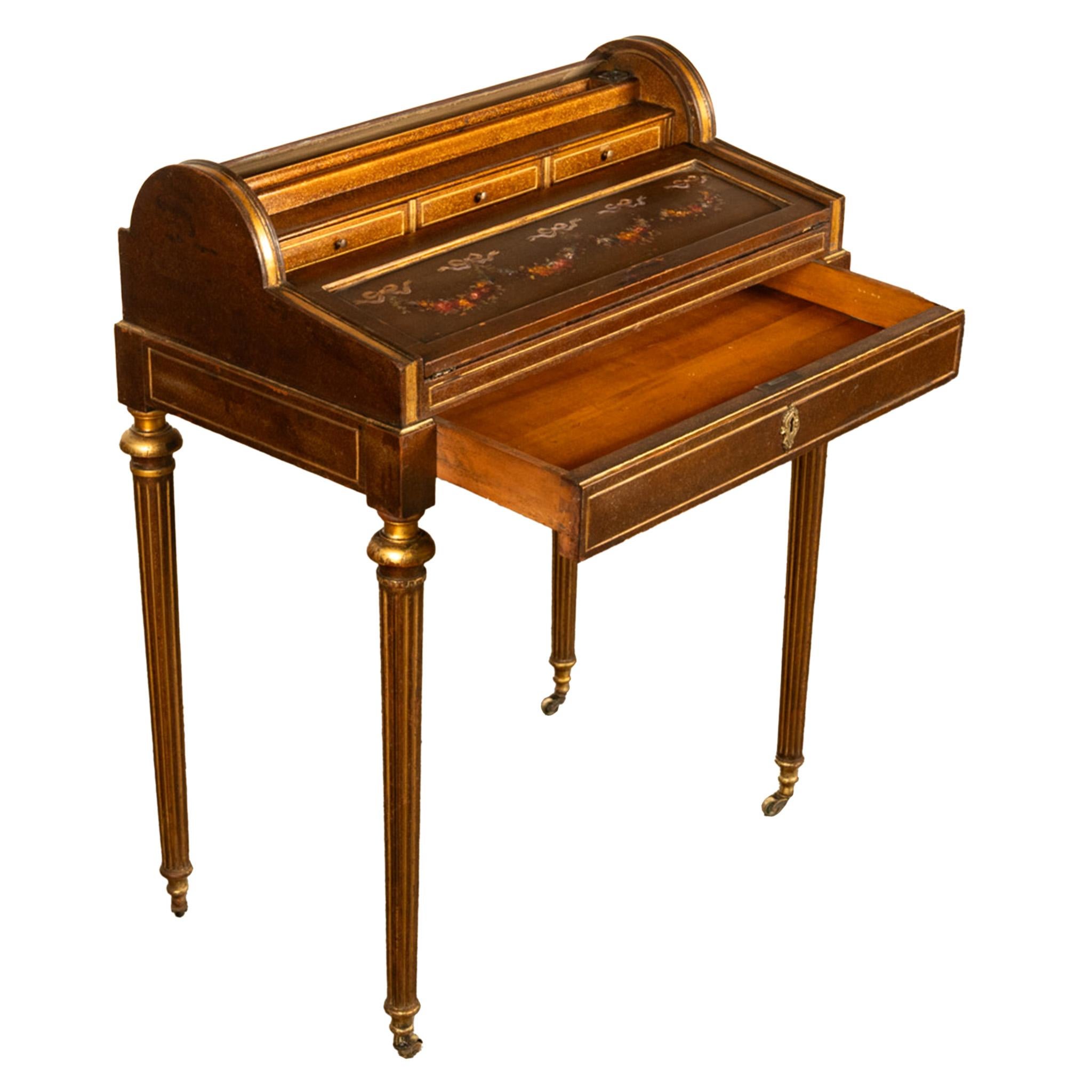 Antique 19th Century French Gilded & Painted Cylinder Desk by Paul Sormani 1875 For Sale 1