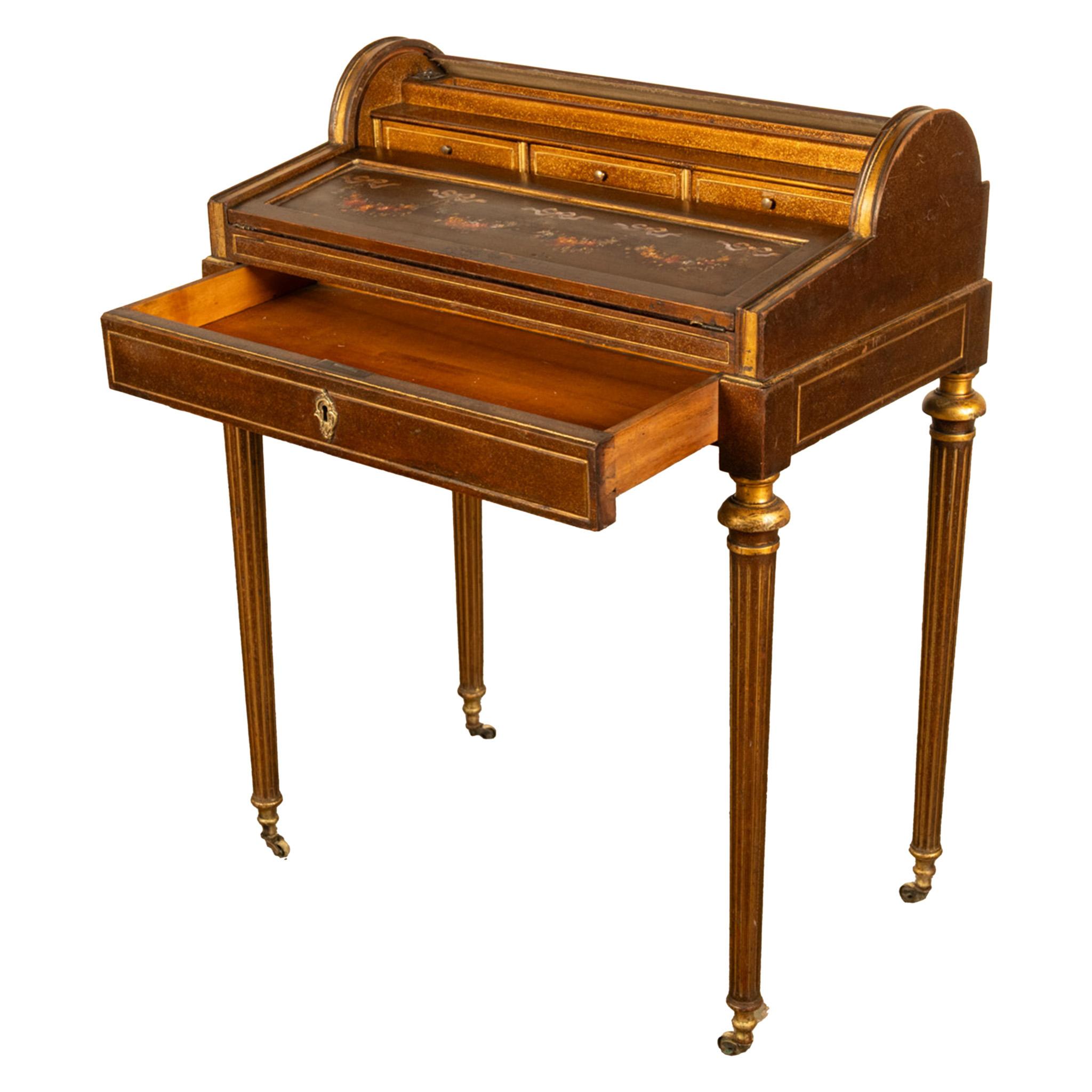 Antique 19th Century French Gilded & Painted Cylinder Desk by Paul Sormani 1875 For Sale 2