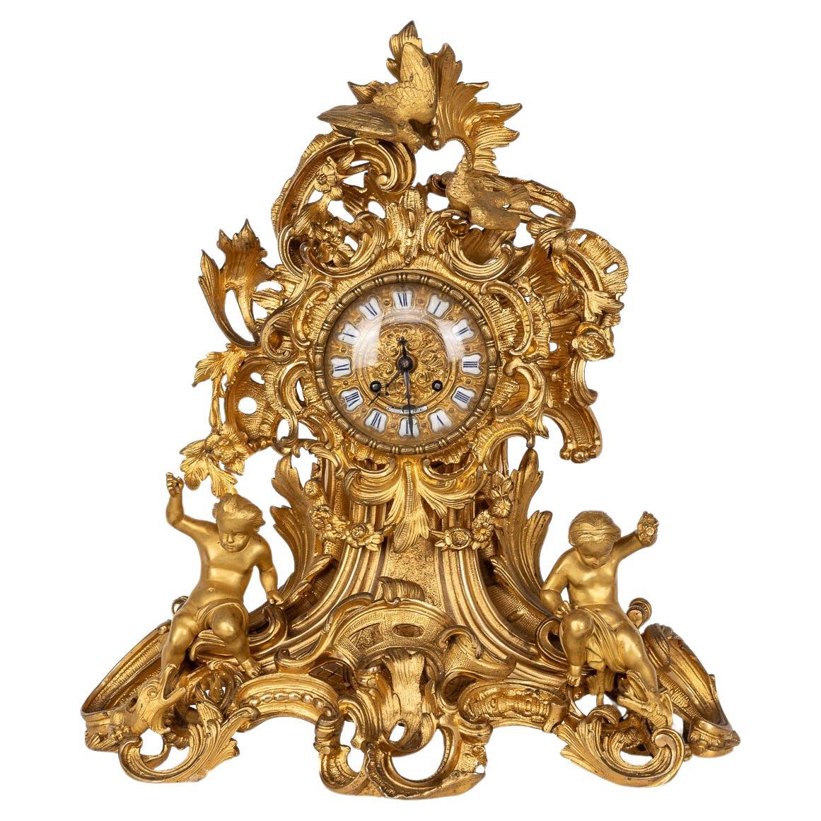 Antique 19th Century French Gilt Bronze Clock, Raingo Freres, Paris c.1850 For Sale