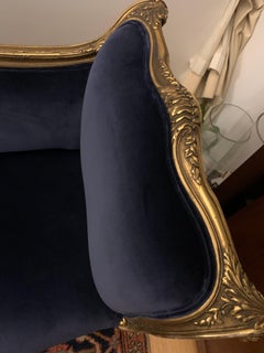 Antique 19th Century French Gilt Wood Velvet Navy Blue Settee