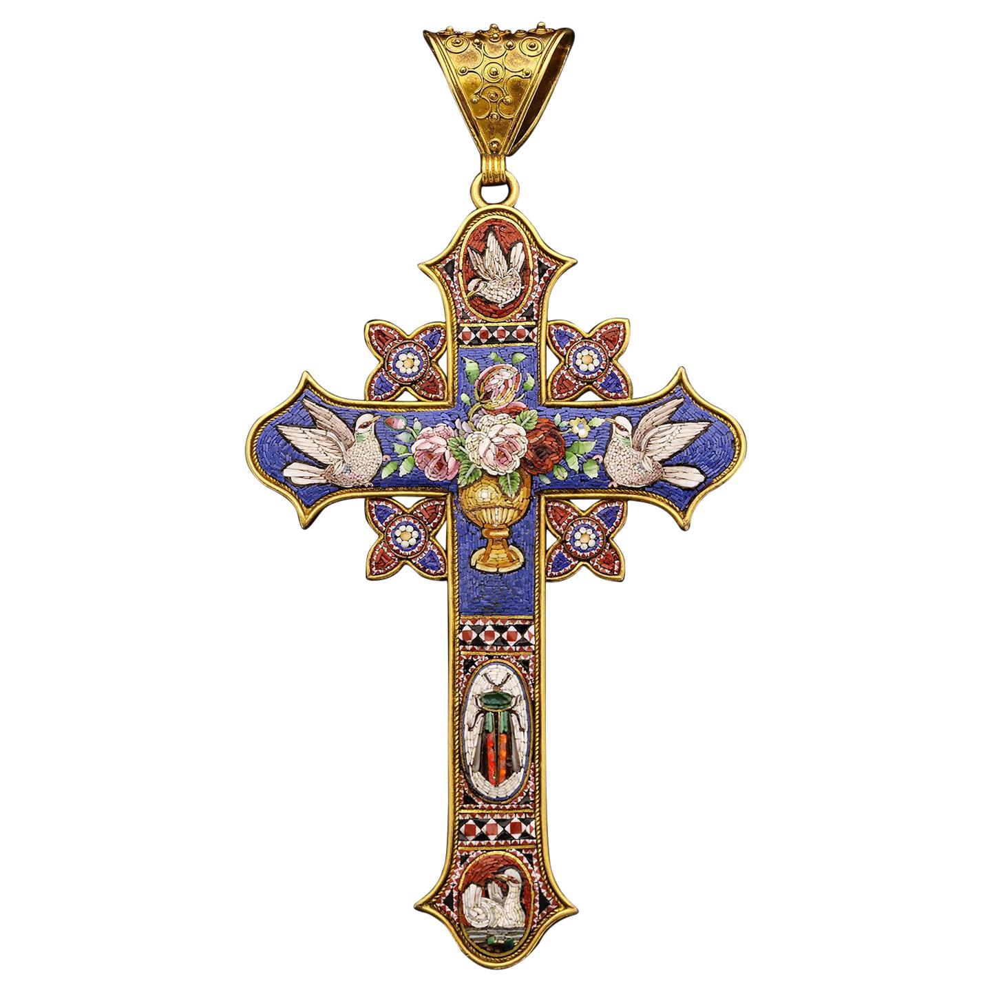 Antique 19th Century French Gold and Micromosaic Cross Pendant, circa 1880