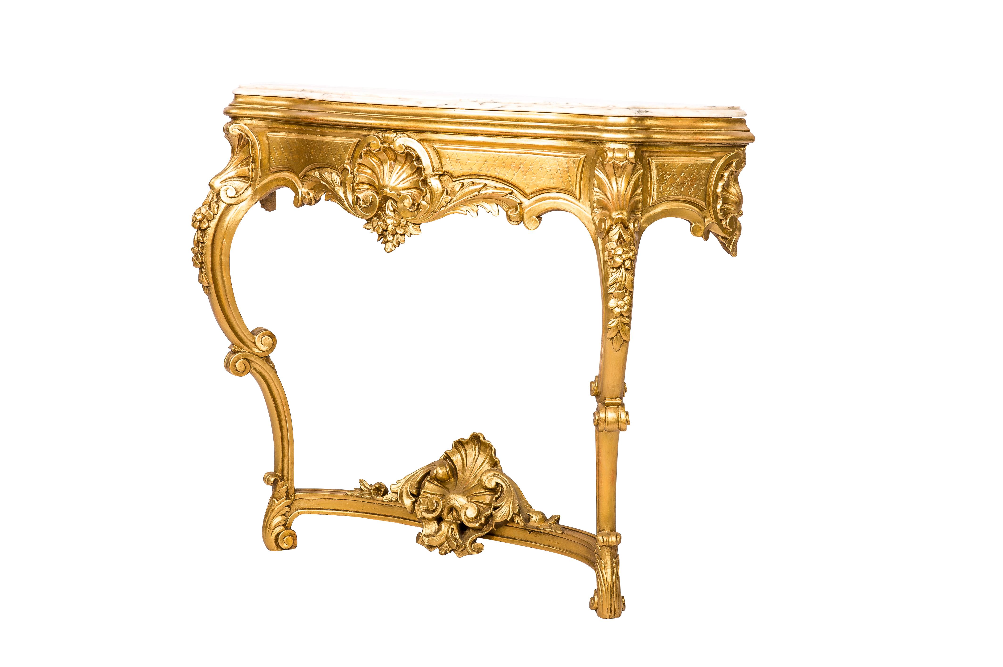 A beautiful late 19th century French hand-carved Rococo console table with a Bianca Rosa marble top. This console table has an elegantly hand-carved skirt with a centered St Jacobs shell flanked by a baroque foliate ornament with complex volute