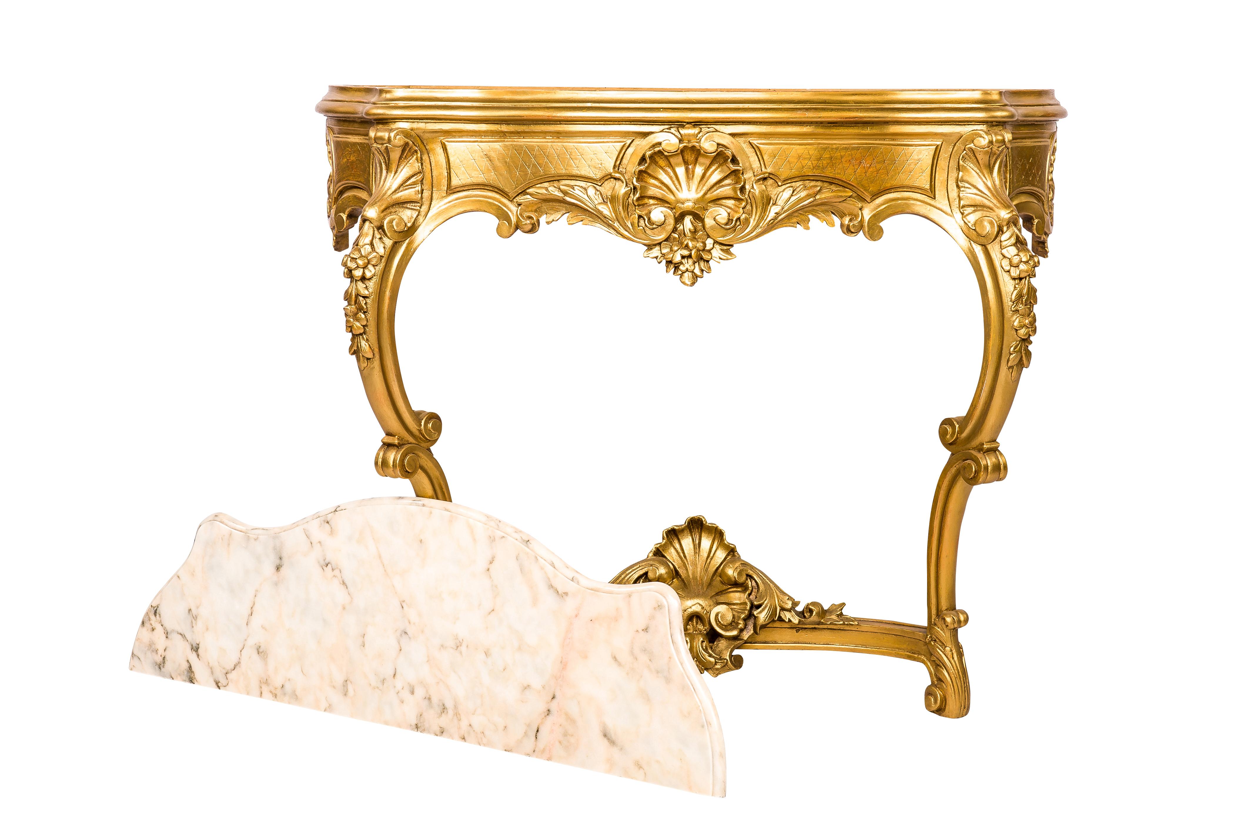 Baroque Ancienne table console baroque française du 19ème siècle en or,  Dessus en marbre Bianca Rosa en vente