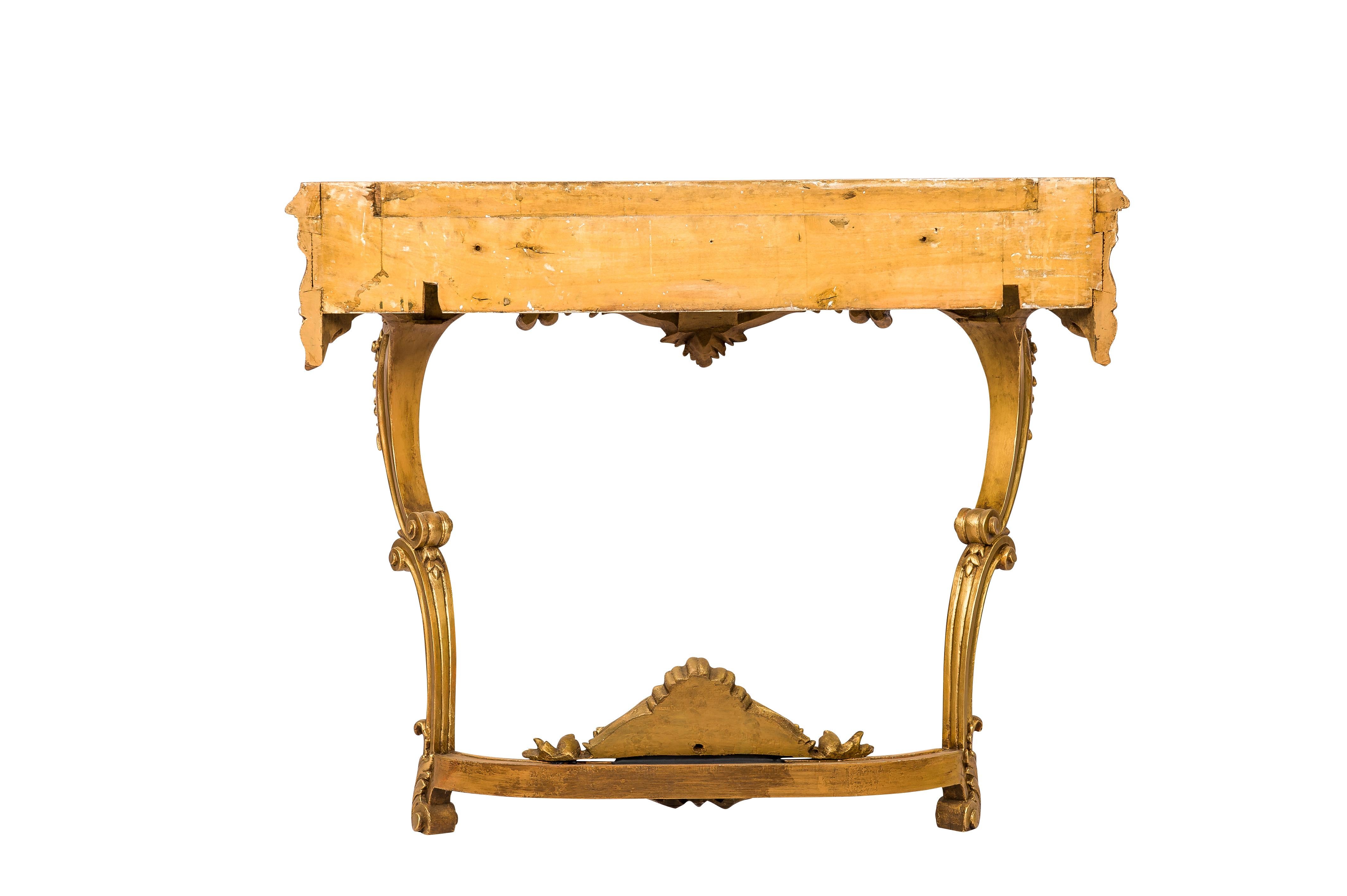 Italian Antique 19th century French Gold Baroque Console Table,  Bianca Rosa Marble Top For Sale