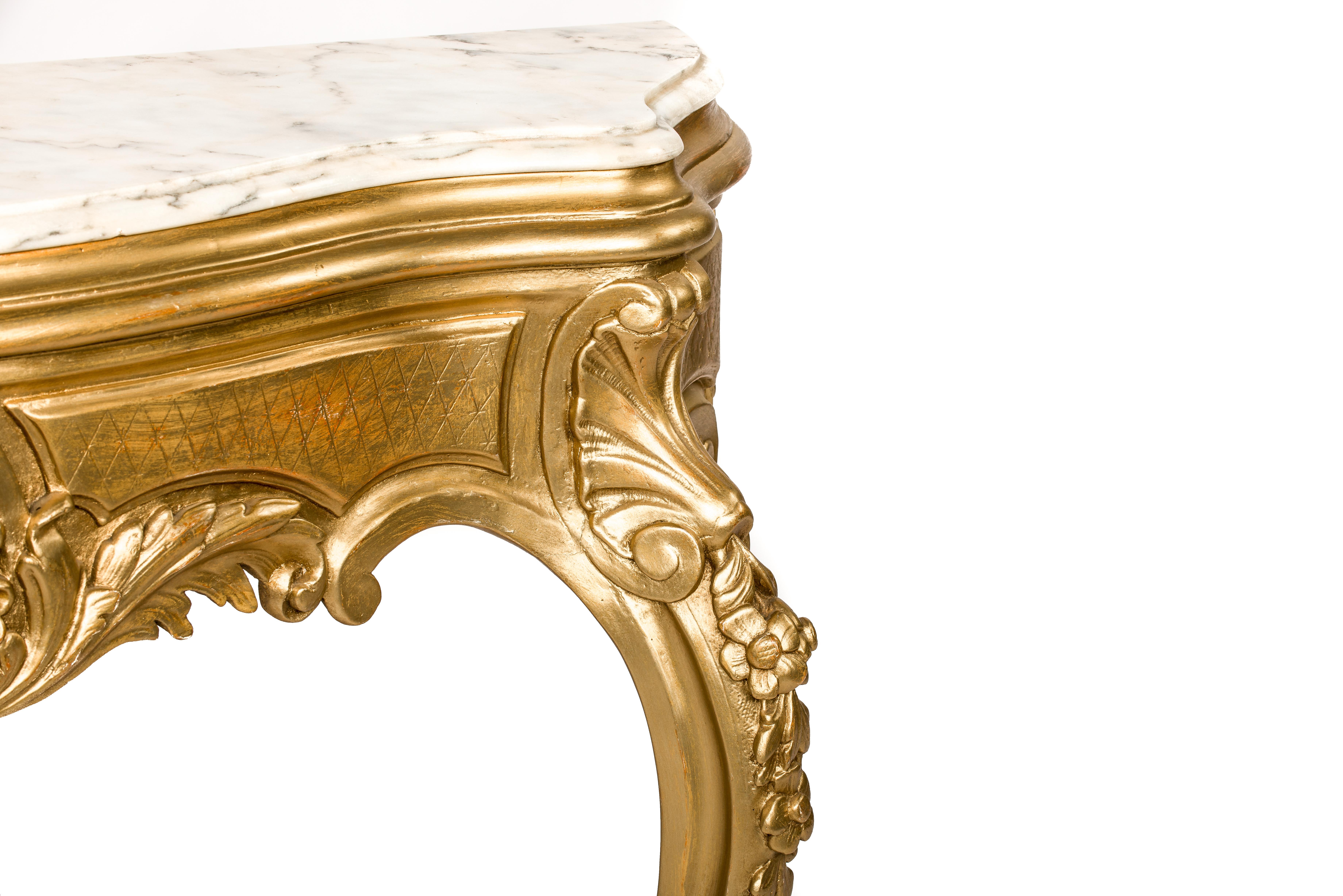 Polished Antique 19th century French Gold Baroque Console Table,  Bianca Rosa Marble Top For Sale