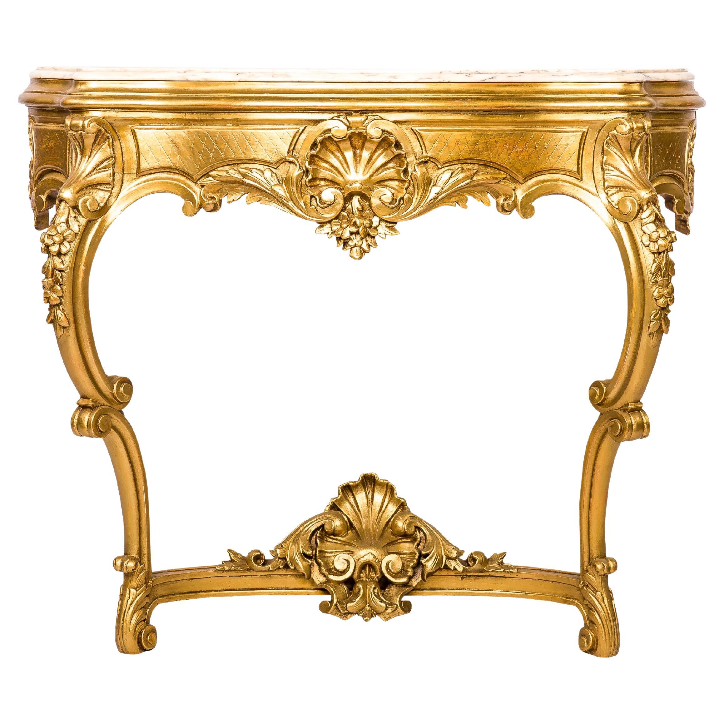 Ancienne table console baroque française du 19ème siècle en or,  Dessus en marbre Bianca Rosa