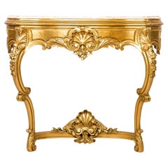 Antique 19th century French Gold Baroque Console Table,  Bianca Rosa Marble Top