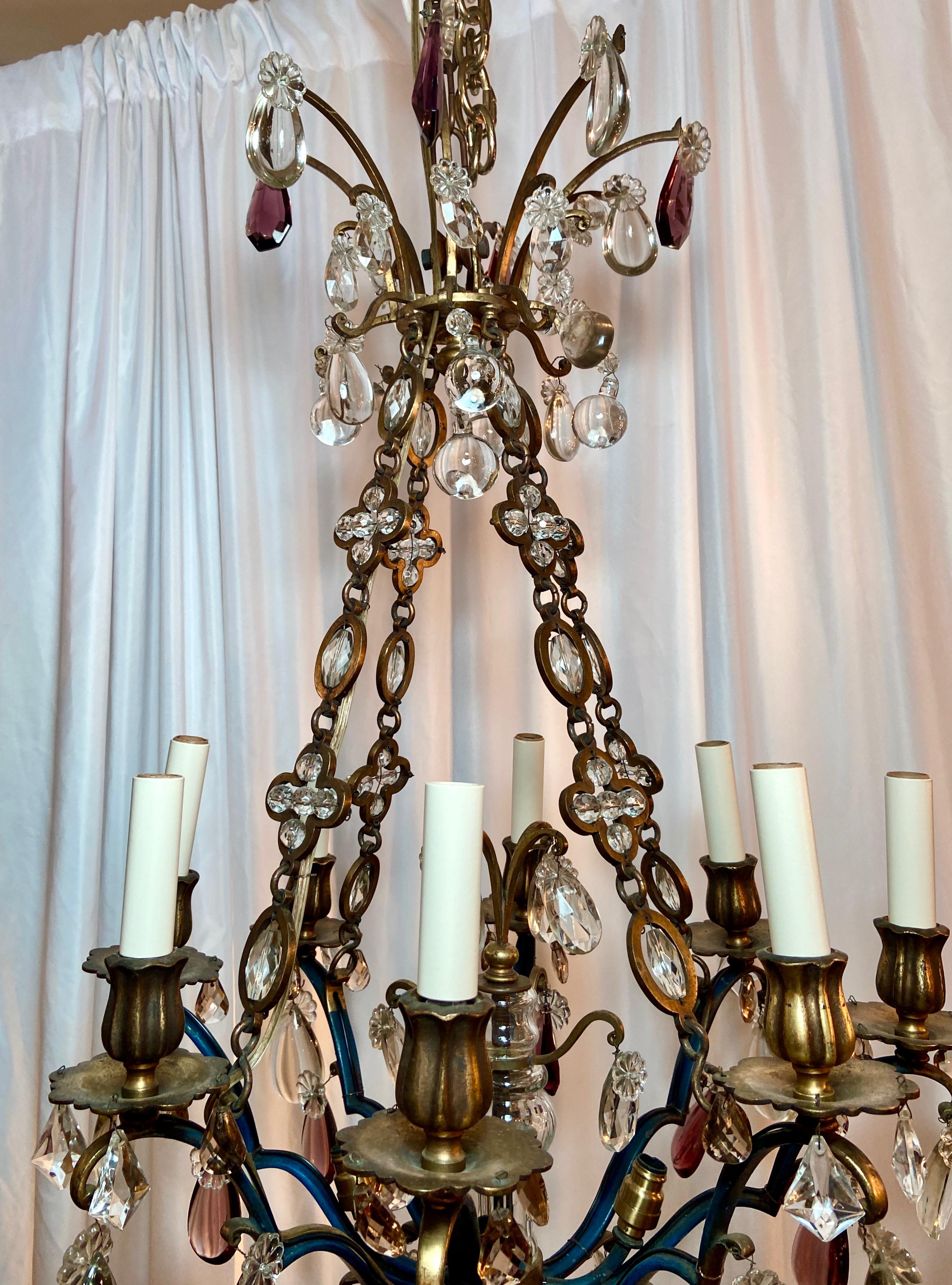 Antique 19th century French gold & patinated bronze and colored & clear crystal chandelier.