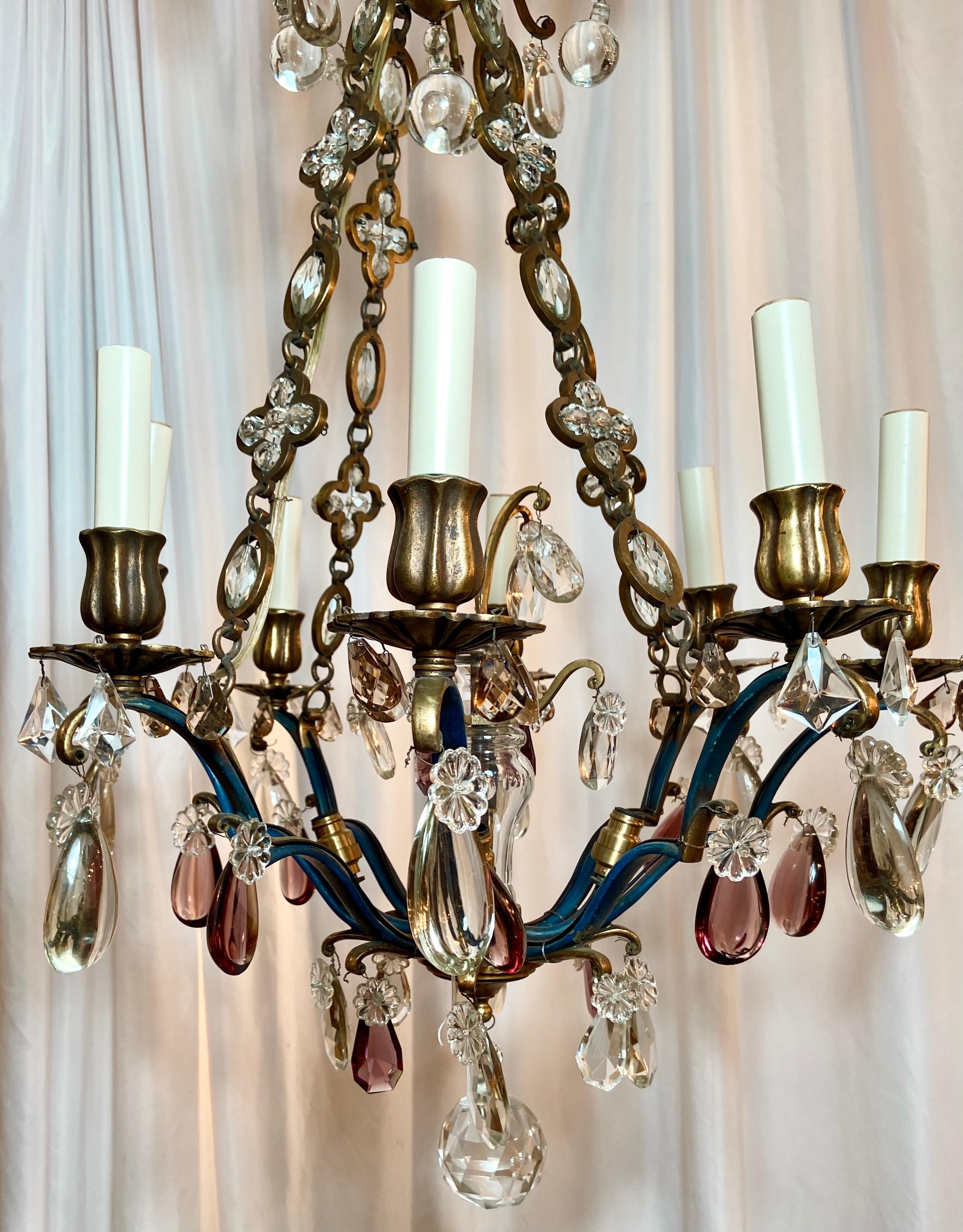 European Antique 19th Century French Gold Bronze and Colored & Clear Crystal Chandelier For Sale