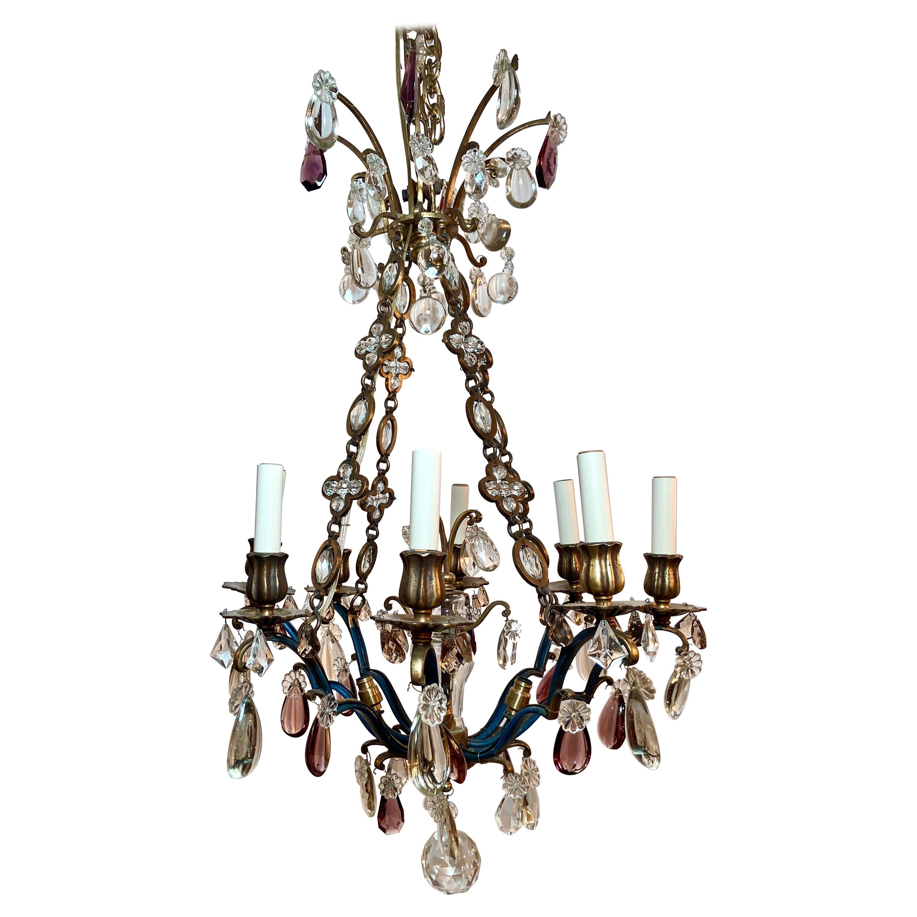 Antique 19th Century French Gold Bronze and Colored & Clear Crystal Chandelier For Sale