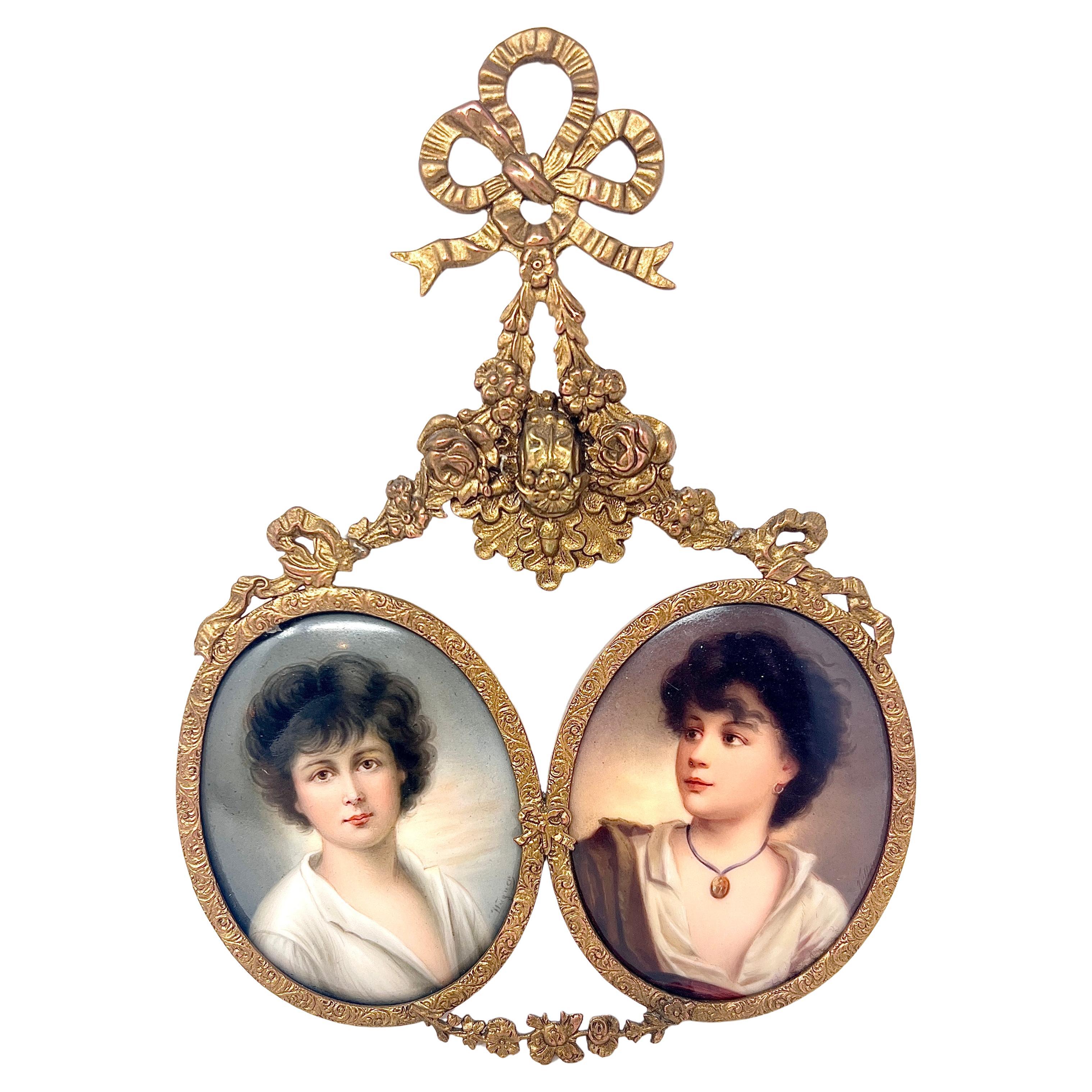 Plaques de portraits françaises anciennes du 19ème siècle en bronze doré et porcelaine émaillée 
