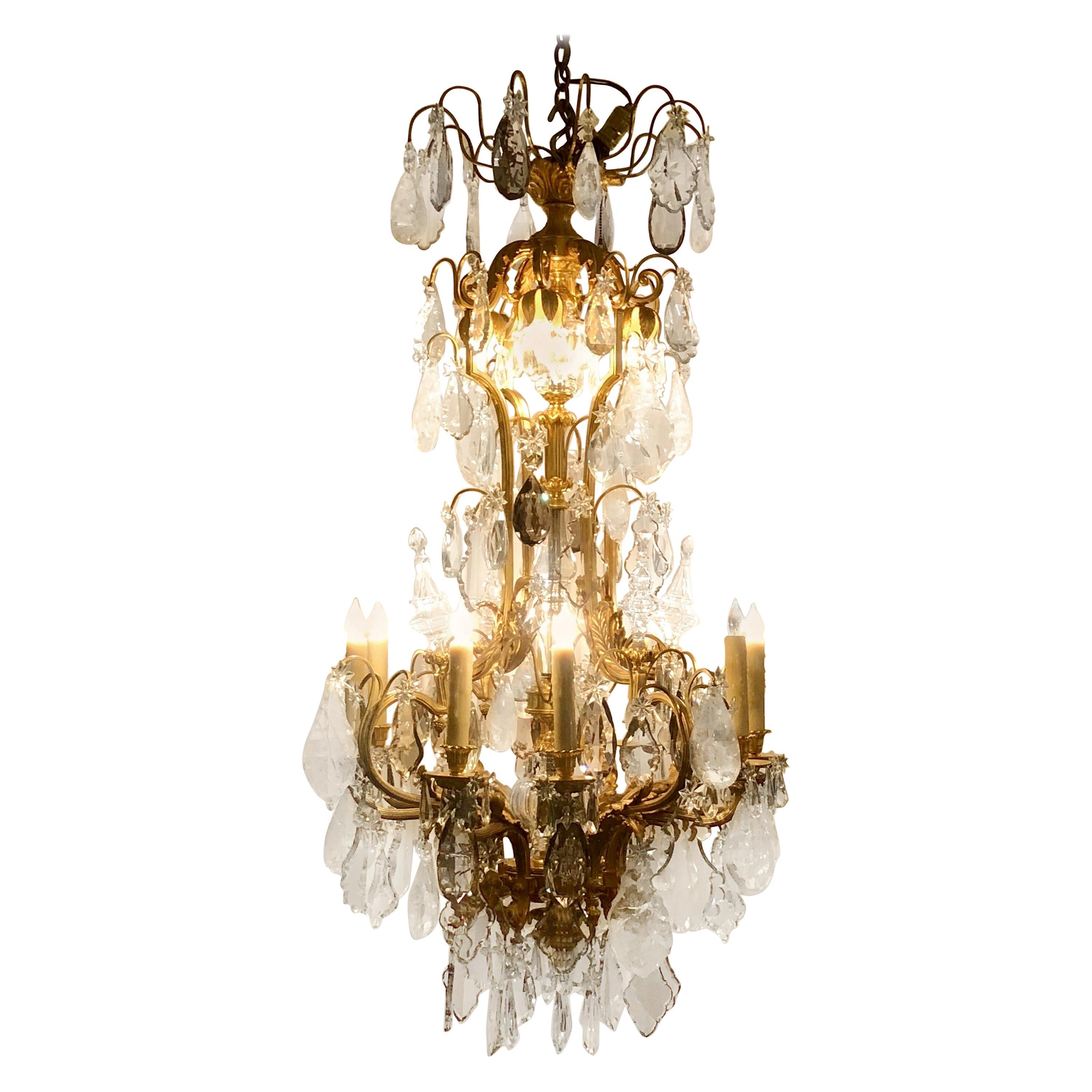 Antique 19th Century French Gold Bronze and Rock Crystal Chandelier