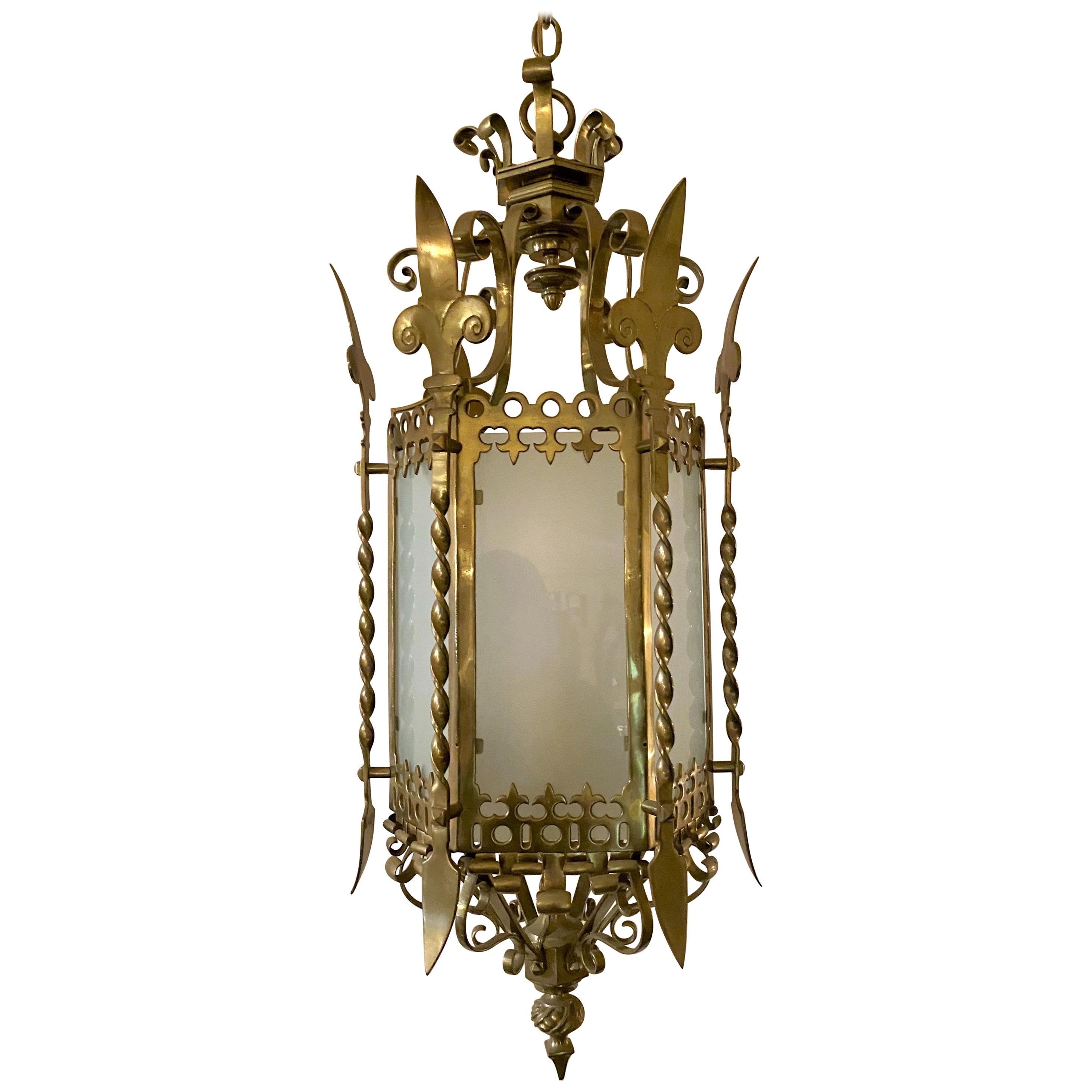 Antique 19th Century French Gold Bronze Chateau Light Lantern For Sale
