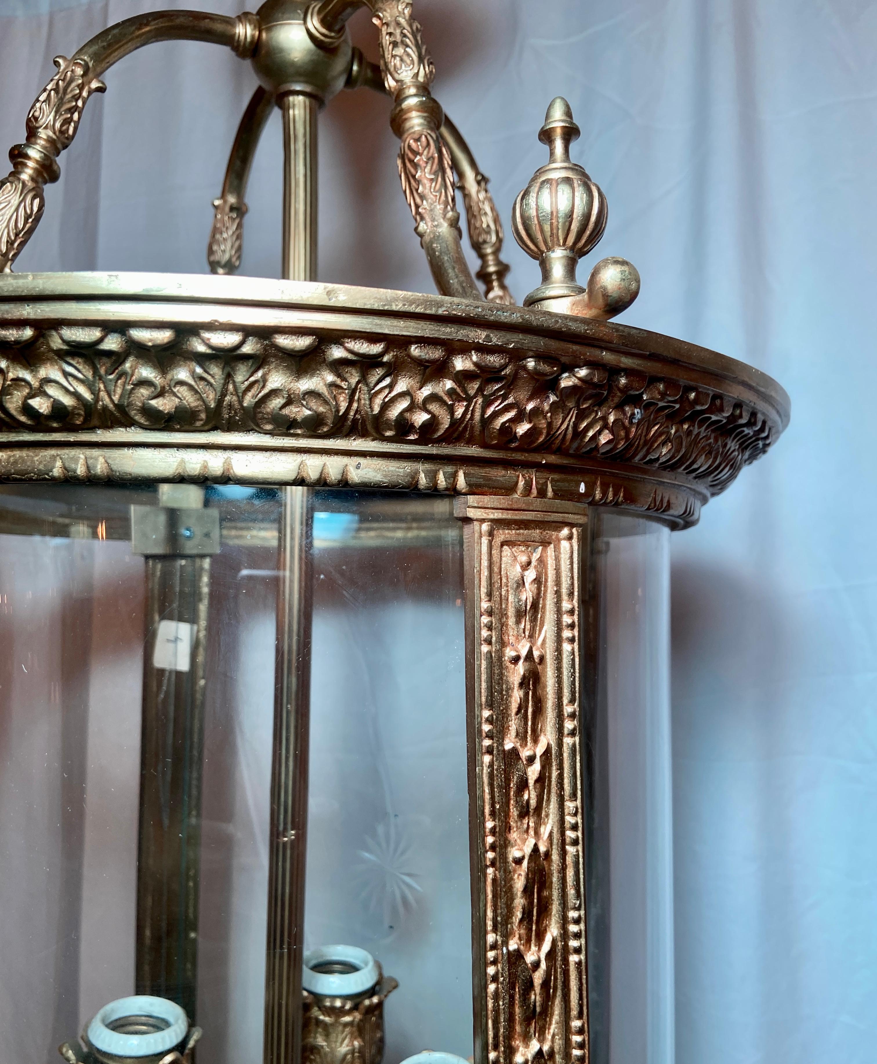 Antique 19th Century French Gold Bronze Lantern with Engraved Glass In Good Condition For Sale In New Orleans, LA