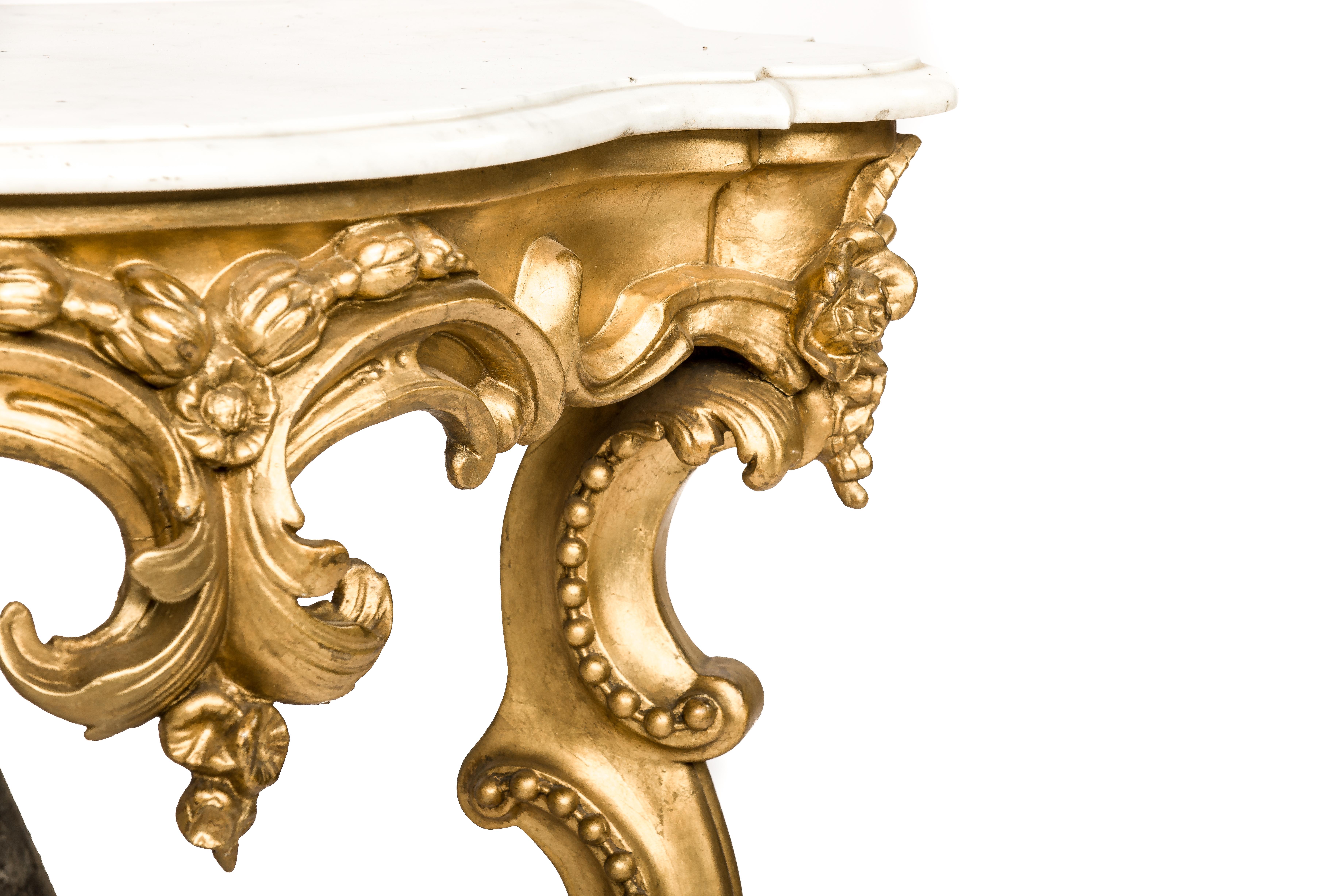 Antique 19th century French Gold Leaf Gilt Baroque Console Table with Marble Top In Good Condition In Casteren, NL