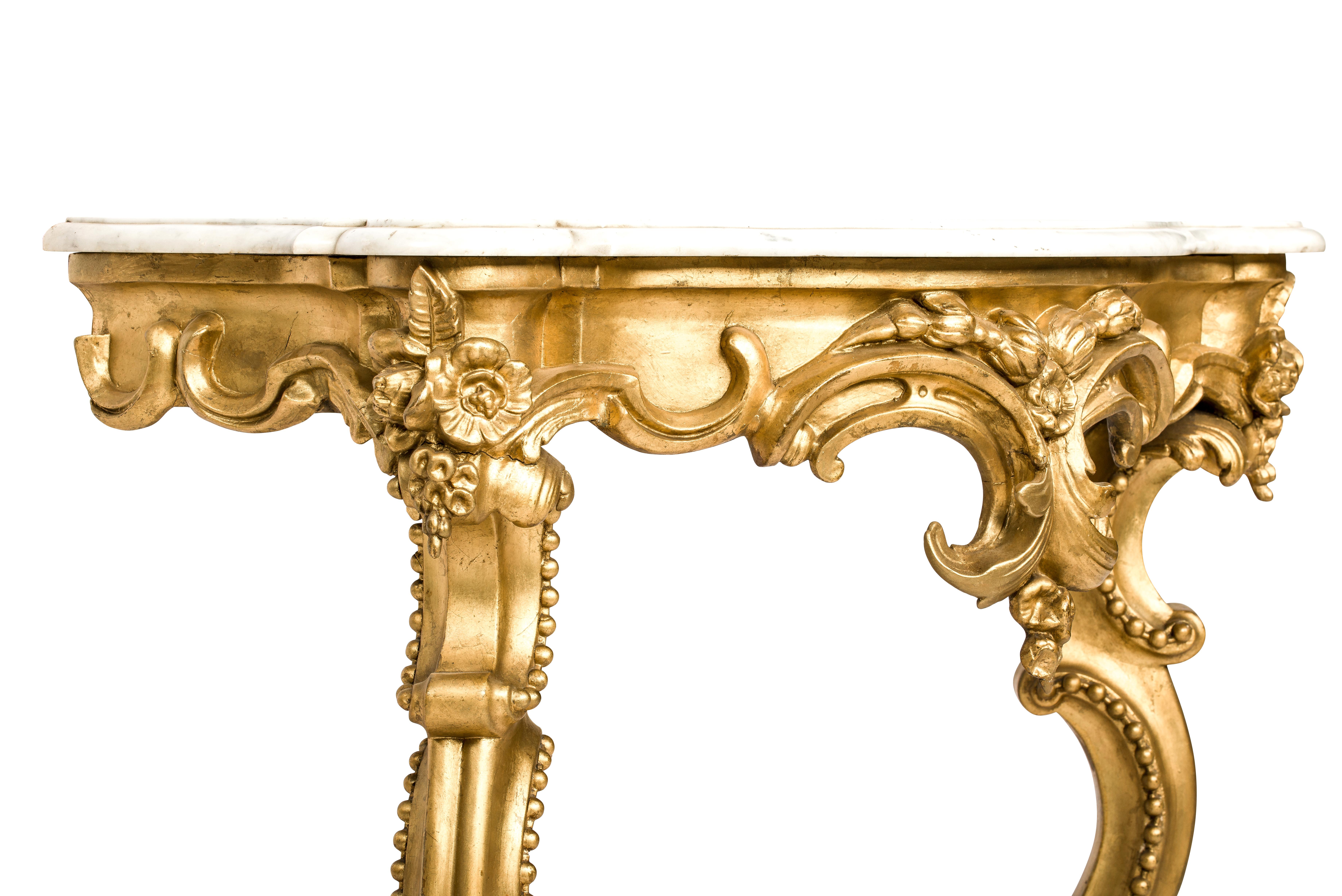19th Century Antique 19th century French Gold Leaf Gilt Baroque Console Table with Marble Top