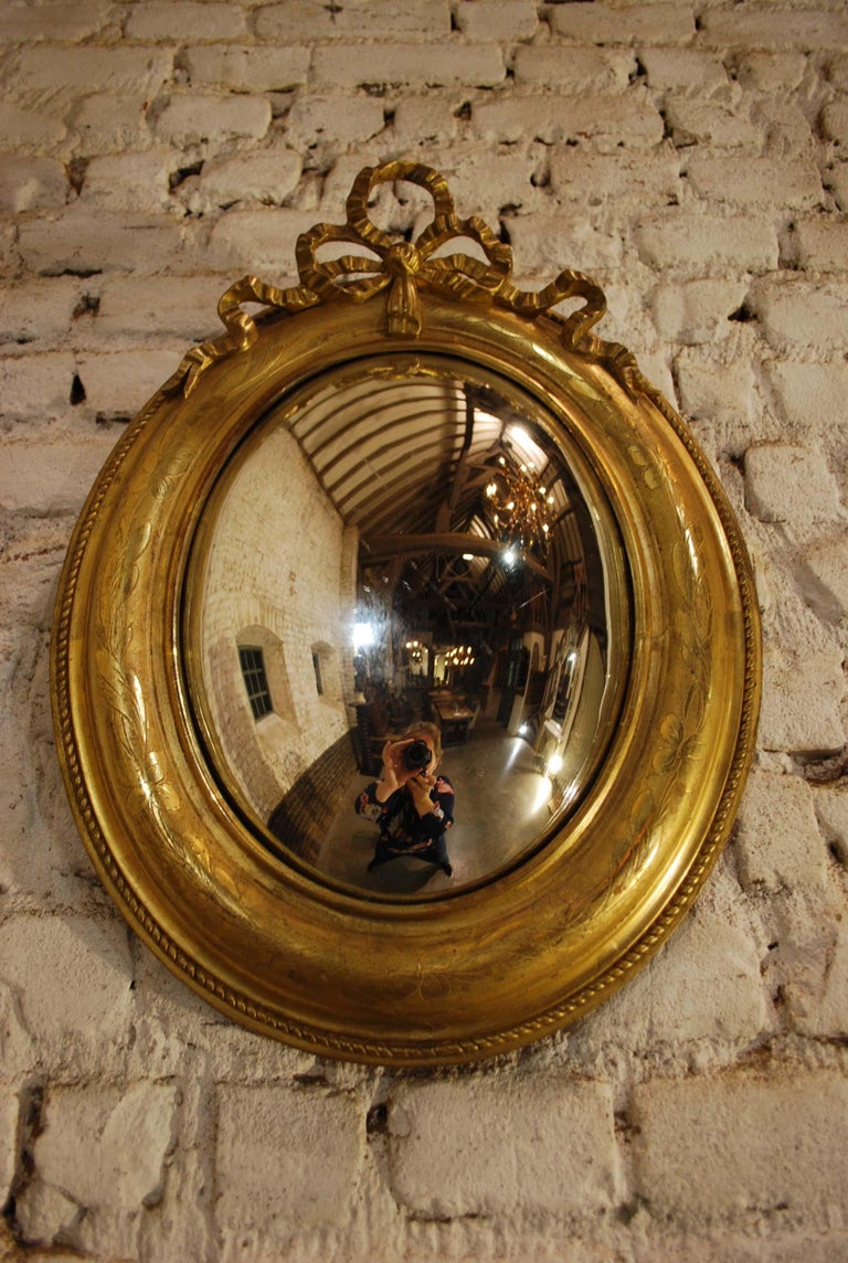 Antique 19th Century French Gold Leaf Gilt Convex Mirror with Ribbon ...