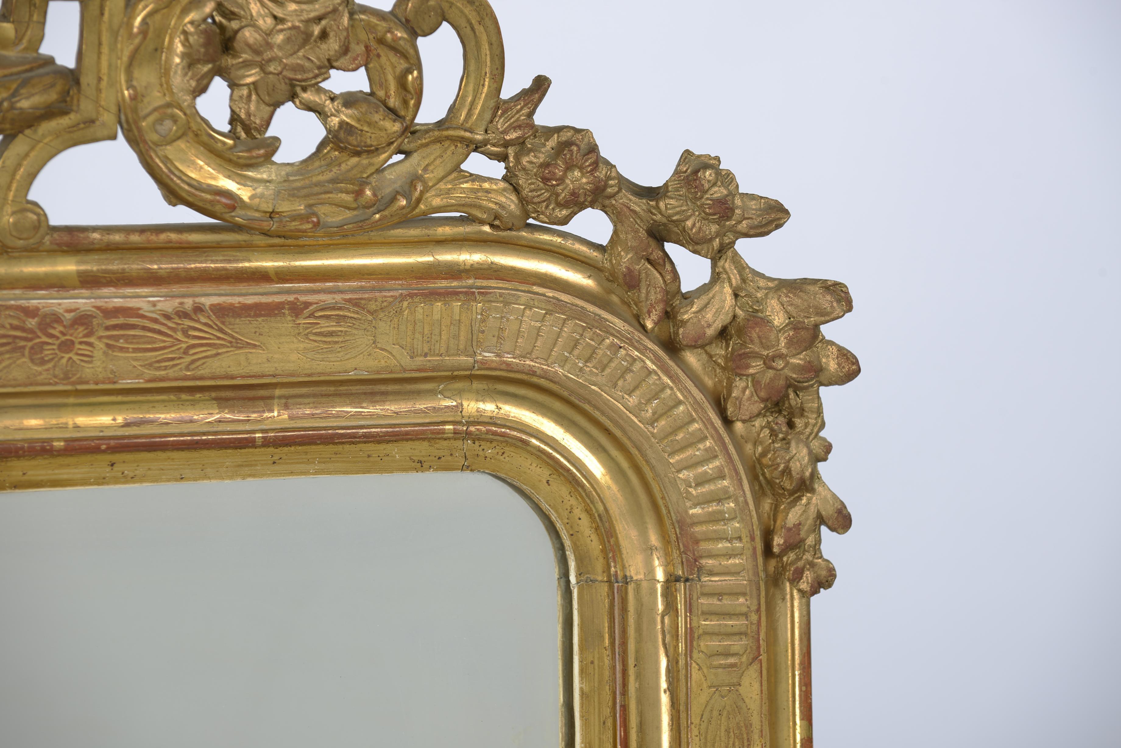 Gesso Antique 19th Century French Gold Leaf Gilt Louis Philippe Mirror with Crest For Sale