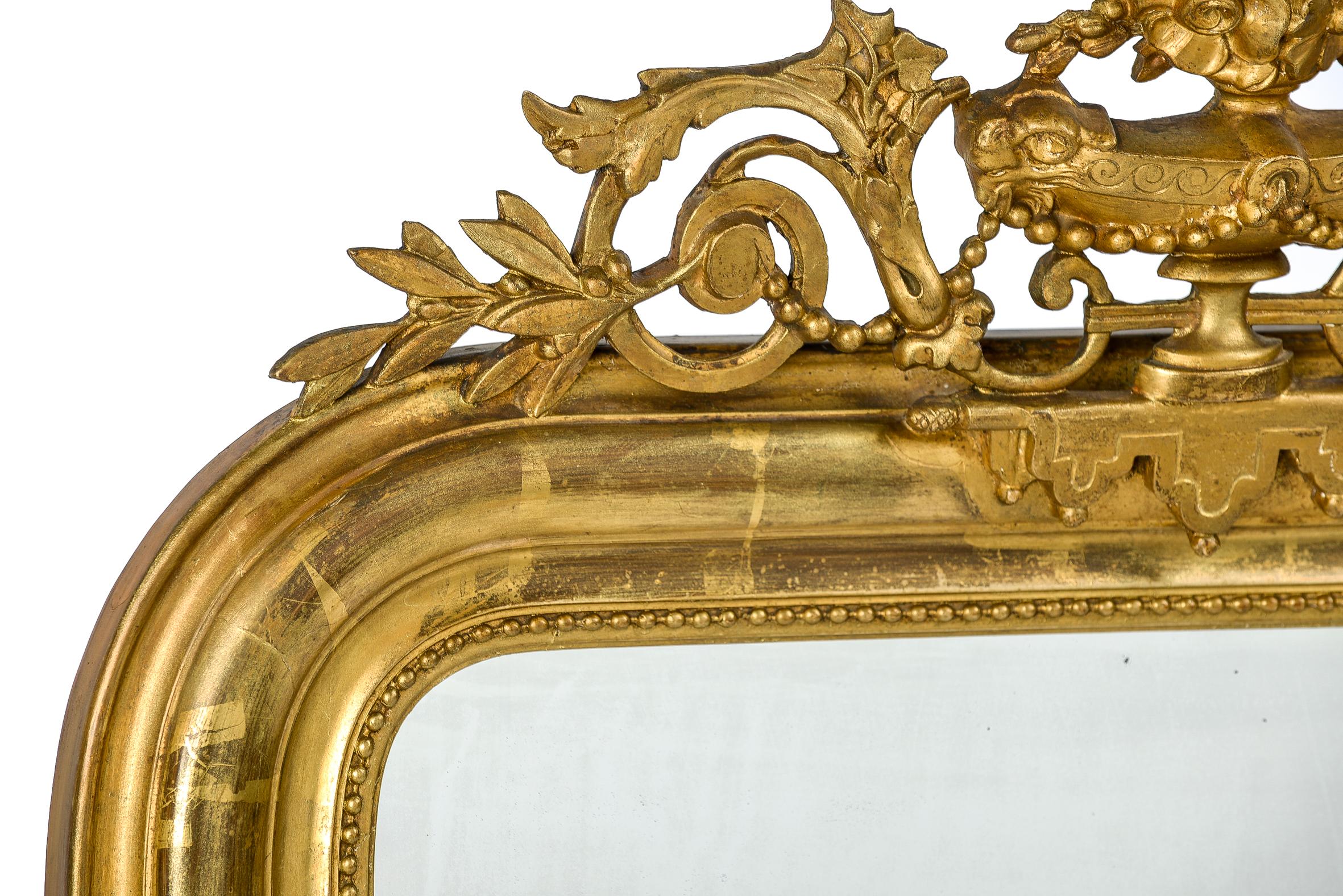 Pine Antique 19th Century French Gold Leaf Gilt Louis Philippe Mirror with Crest